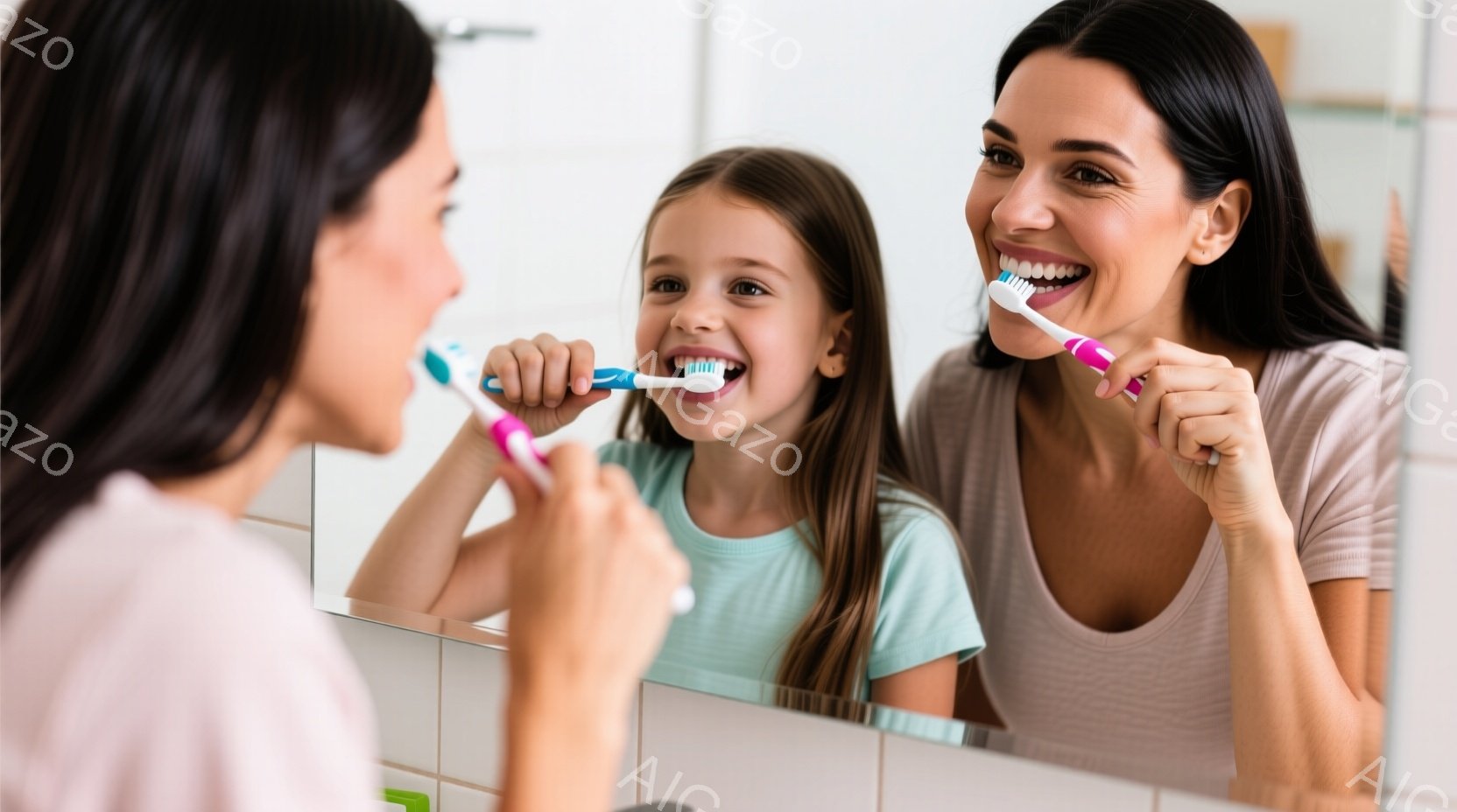 鏡の前で歯磨きをする母親と娘が写っています。母親はピンクのトップスを着ており、娘は水色のシャツを着ています。二人は笑顔で、幸せな雰囲気です。