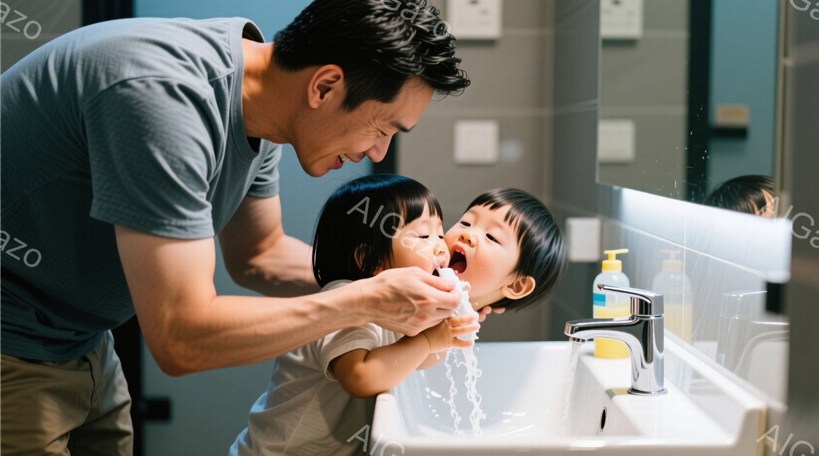 幼い女の子が洗面台でうがいをしている様子が写っています。彼女は白いTシャツを着ており、黒髪をポニーテールにしています。父親が彼女の背後で支え、水で口をすすぐのを手伝っています。