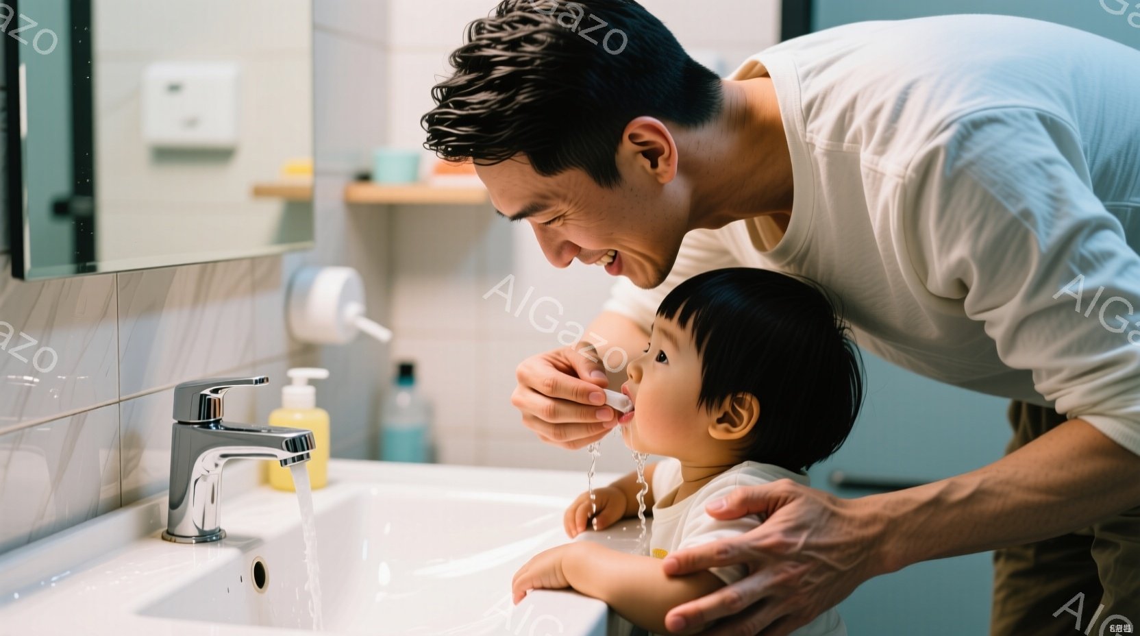 幼い男の子が洗面台で水を口に含み、父親が優しく支えています。父親は白いTシャツを着ており、微笑みを浮かべています。背景には白いタイルと洗面用具が見え、明るく清潔感のあるバスルームの雰囲気です。 - AI生成フリー素材