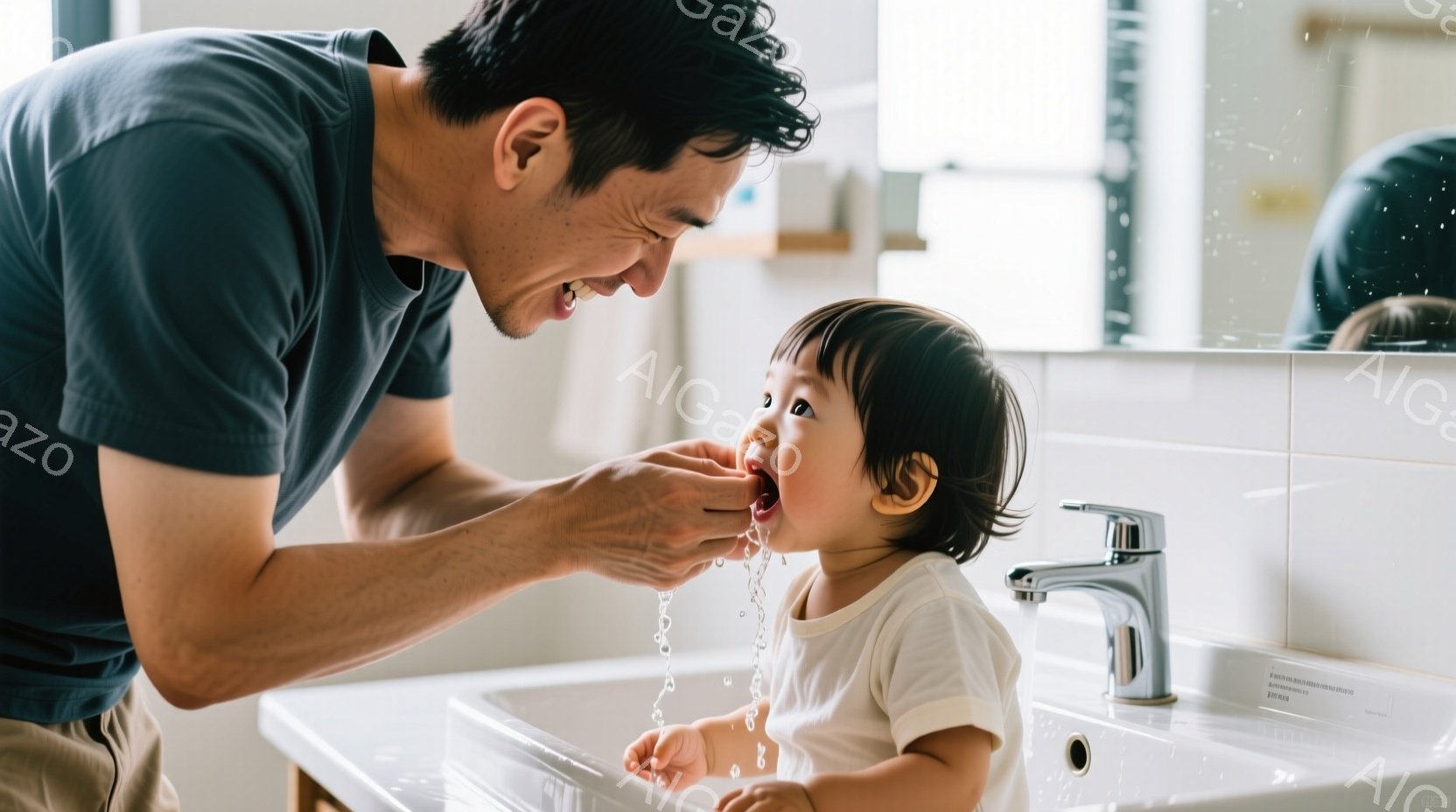 浅い洗面台の前に立つ父親が、幼い子供に水をかけている様子が写っている。父親は紺色のTシャツを着ており、子供は白いTシャツを着ている。背景には白いタイルが貼られた壁があり、洗面台の蛇口から流れ出る水が光 - AI生成フリー素材