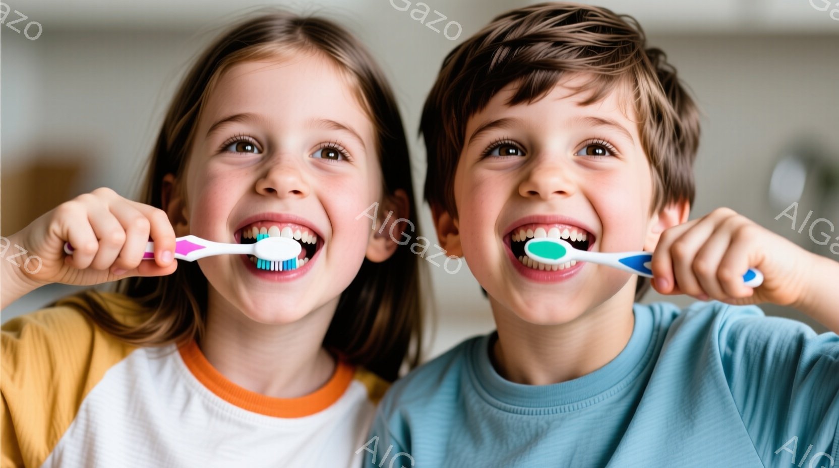 2人の子供が、歯ブラシを持って笑顔でカメラを見ています。女の子は黄色いシャツにオレンジ色の縁取りがあり、髪は肩まで伸びています。男の子は水色のシャツを着ており、髪は短く整えられています。