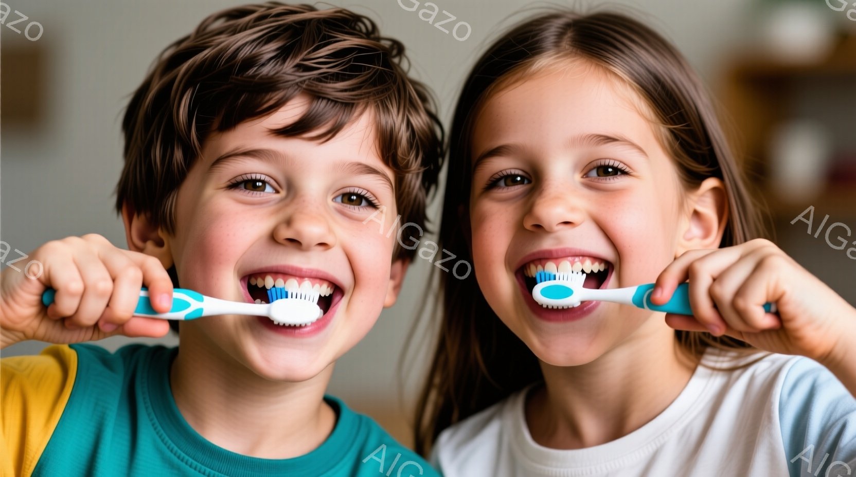 少年と少女が歯ブラシを持って笑顔でカメラを見ている。少年はターコイズ色のシャツと黄色の袖を着ており、茶色の巻き毛が特徴的だ。少女は白いシャツを着ており、長い茶色の髪を後ろでまとめており、二人とも歯磨き - AI生成フリー素材