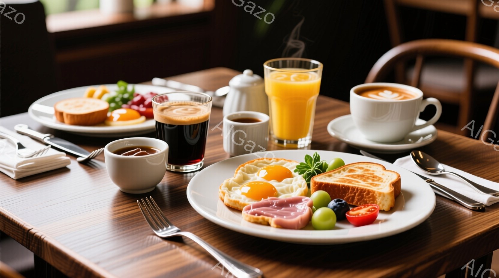 明るい光の下、木製のテーブルに朝食が並べられています。皿には、目玉焼き、ハム、ソーセージ、そして小さなトマトとブルーベリーが彩り豊かに盛り付けられています。テーブルの上には、オレンジジュース、コーヒー、そしてキャプーチーノも置かれ、優雅な朝食のひとときを演出しています。