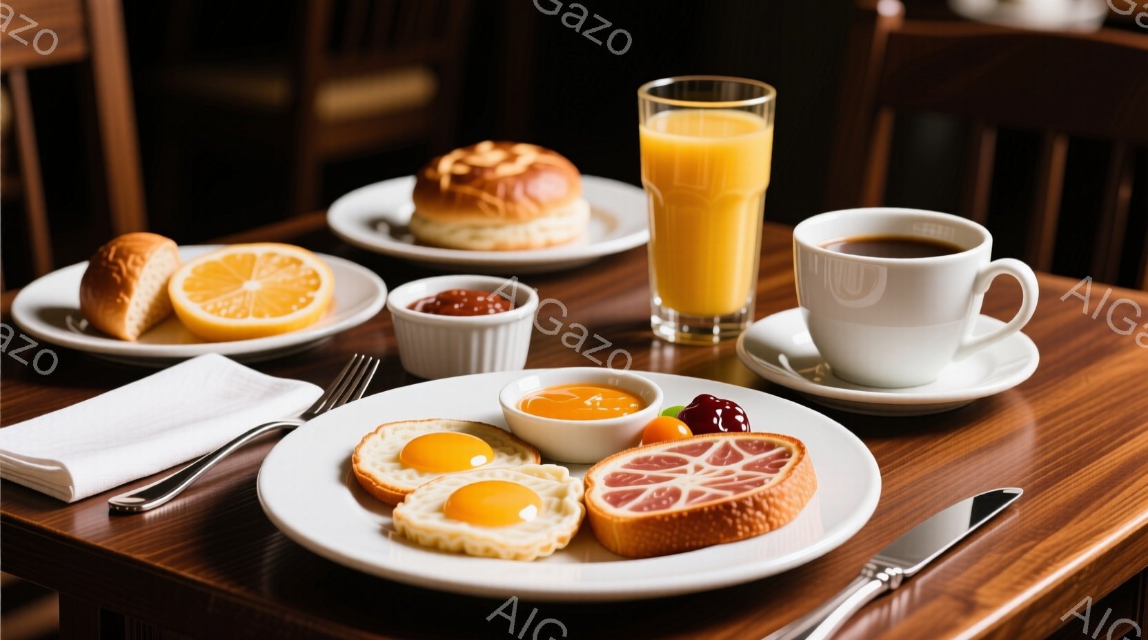 テーブルの上には、朝食が並べられています。目玉焼き、トースト、オレンジ、グレープフルーツ、ジャム、そしてコーヒーとオレンジジュースが彩りを添えています。温かみのある木製のテーブルと、シンプルな白磁の食器が、落ち着いた朝の雰囲気を醸し出しています。