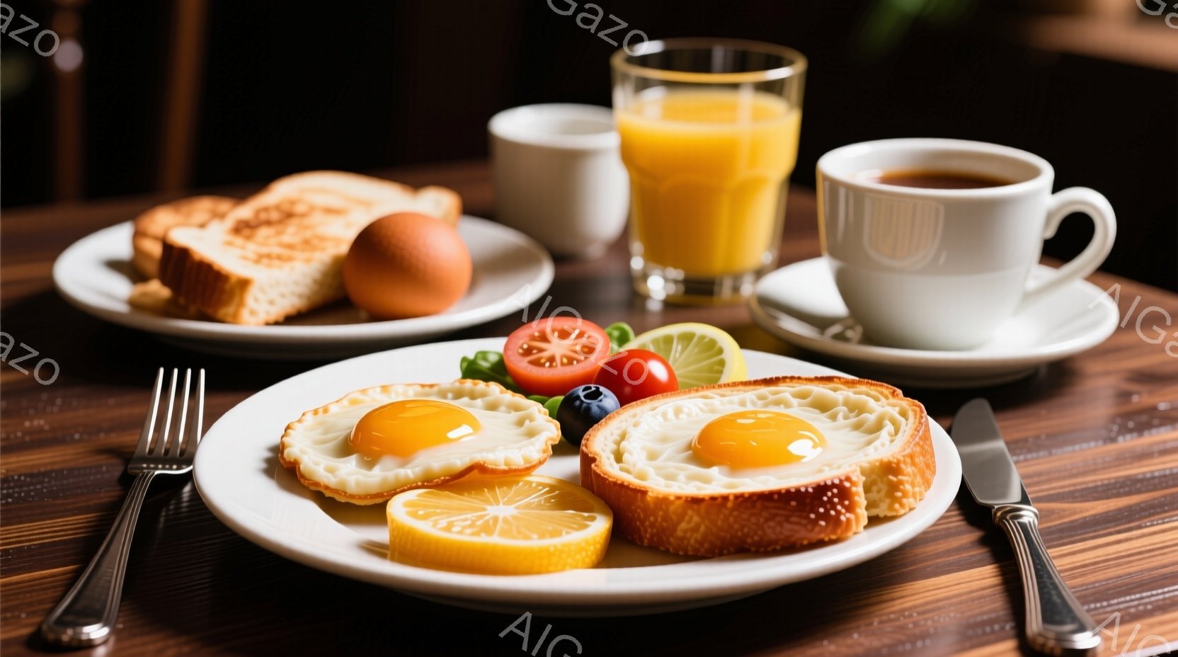 明るい木製のテーブルの上に、朝食のセットが並べられています。トーストに目玉焼きが乗せられた皿、小さなトマトとブルーベリー、レモンのスライスが添えられています。オレンジジュースとコーヒーもセットされており、温かみのある、爽やかな朝の雰囲気が漂っています。