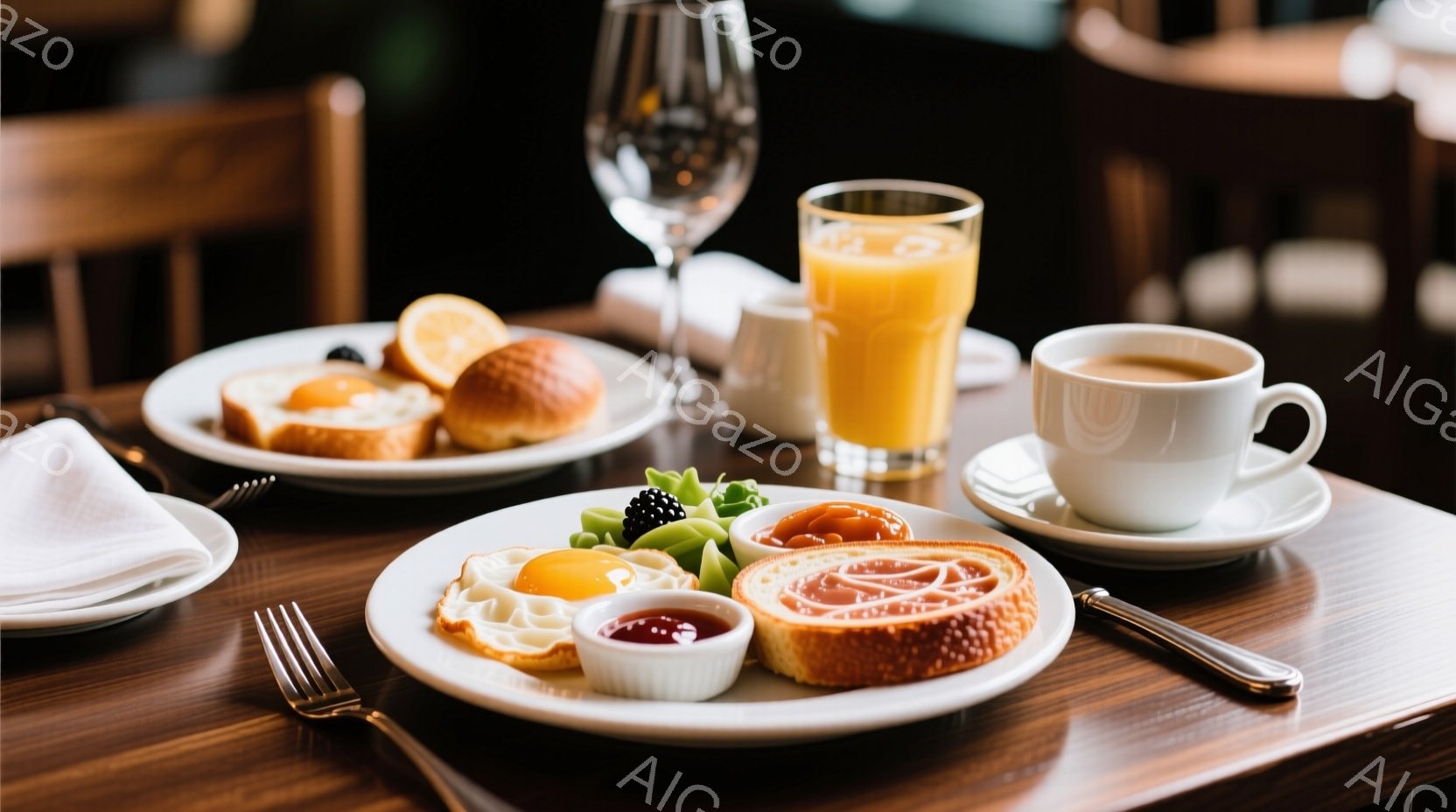 明るい朝食の風景が見られます。皿には目玉焼き、トーストにオレンジジャム、そしてベリーと小さなソースが入った容器が並べられています。背景には、木製の椅子とテーブル、そしてオレンジジュースとコーヒーのカップが見え、温かみのある、落ち着いた雰囲気です。