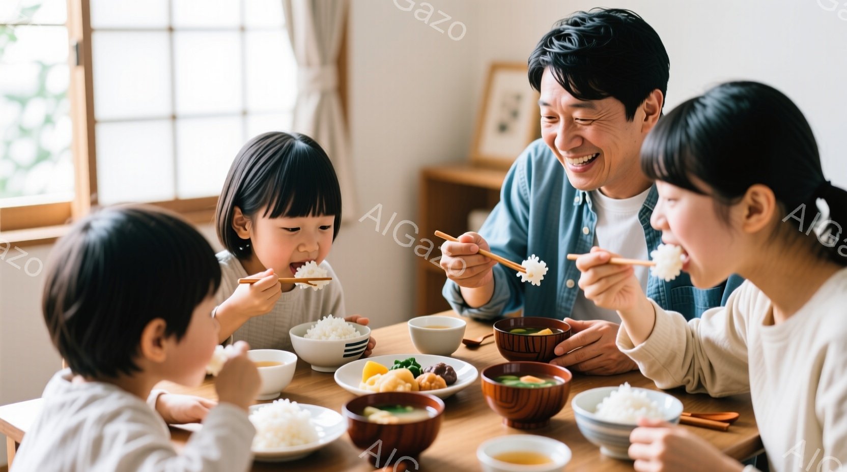 家族四人が食卓を囲んで食事をしている様子が写っている。幼い女の子は白いワンピースを着ており、笑顔でご飯を食べている。背景には木製の棚と窓が見え、温かく家庭的な雰囲気が漂っている。 - AI生成フリー素材