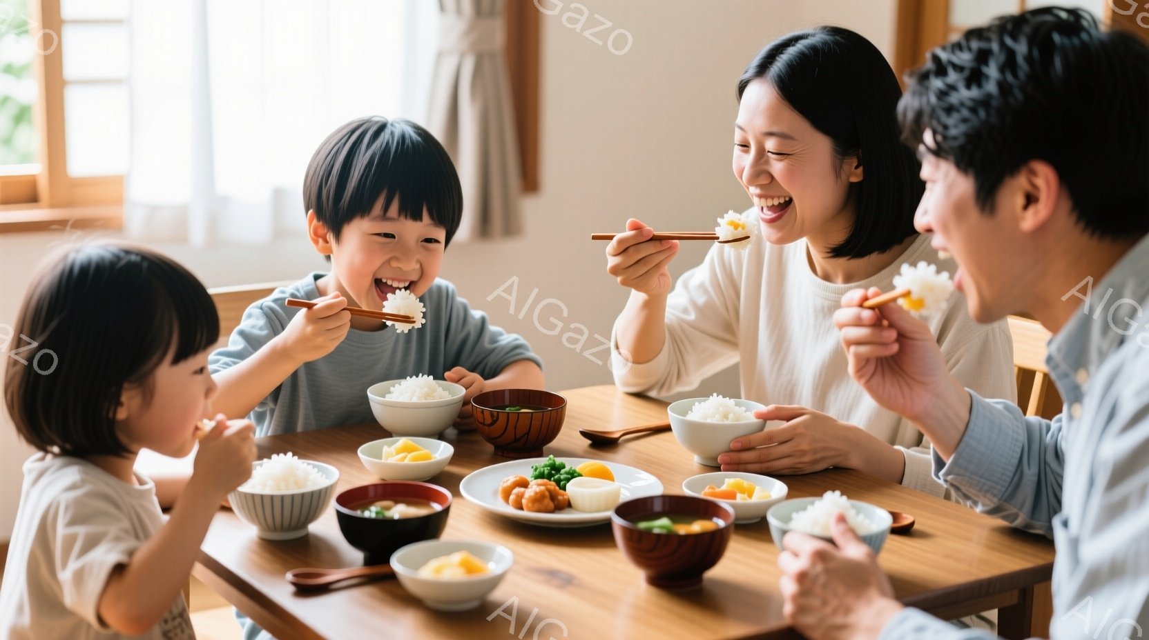 家族四人が食卓を囲み、食事を楽しんでいます。子供たちは笑顔で箸を使ってご飯を口に運んでおり、母親も穏やかな表情で食事をしています。背景には木製のテーブルと、和食の盛り付けが並び、温かく、家庭的な雰囲気が漂っています。