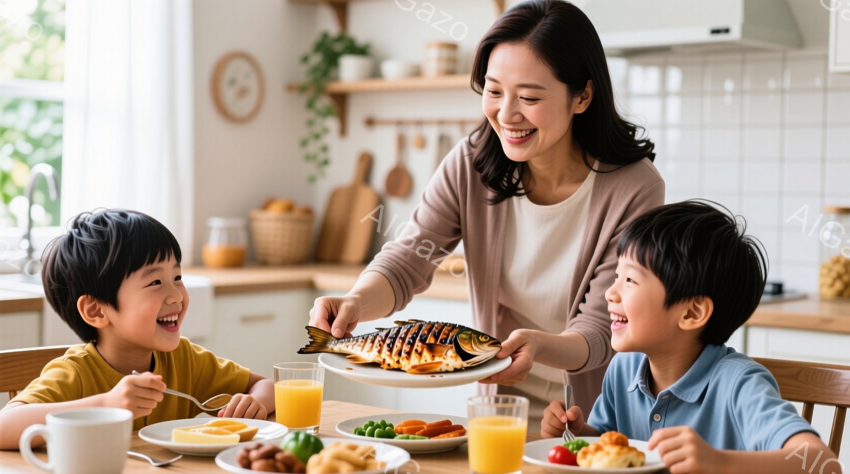 暖色系のキッチンで、母親が焼いた魚を二人の子供たちに差し出しています。子供たちは笑顔でそれを受け取ろうとしており、皆明るい表情をしています。テーブルには、果物、卵、野菜など、朝食と思われる料理が並べら - AI生成フリー素材