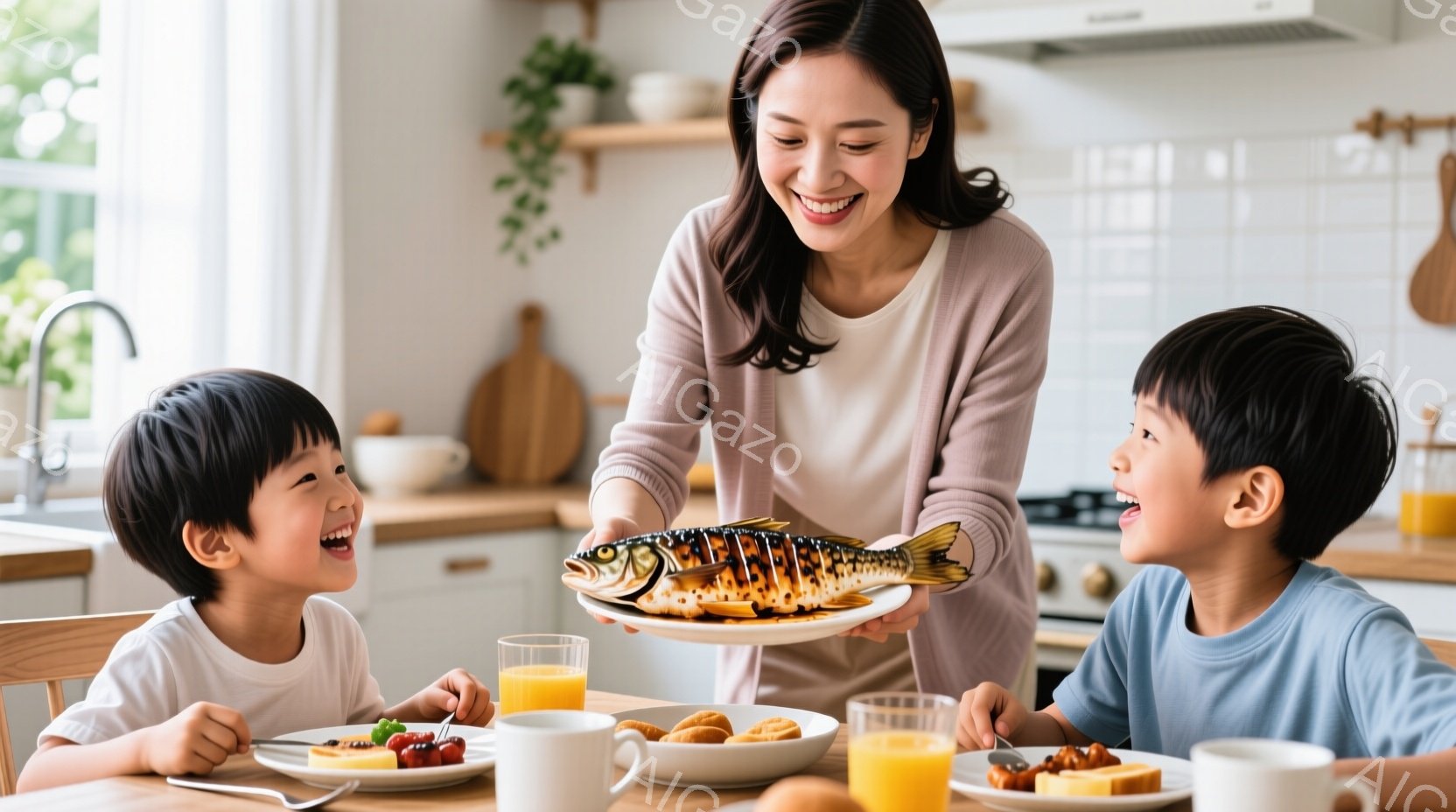 明るいキッチンで、母親が焼いた魚を二人の子供たちに見せながら微笑んでいます。子供たちは皆笑顔で、食事が楽しみな様子が伺えます。背景には木製のダイニングテーブルと、オレンジジュースやパン、フルーツが並ん - AI生成フリー素材