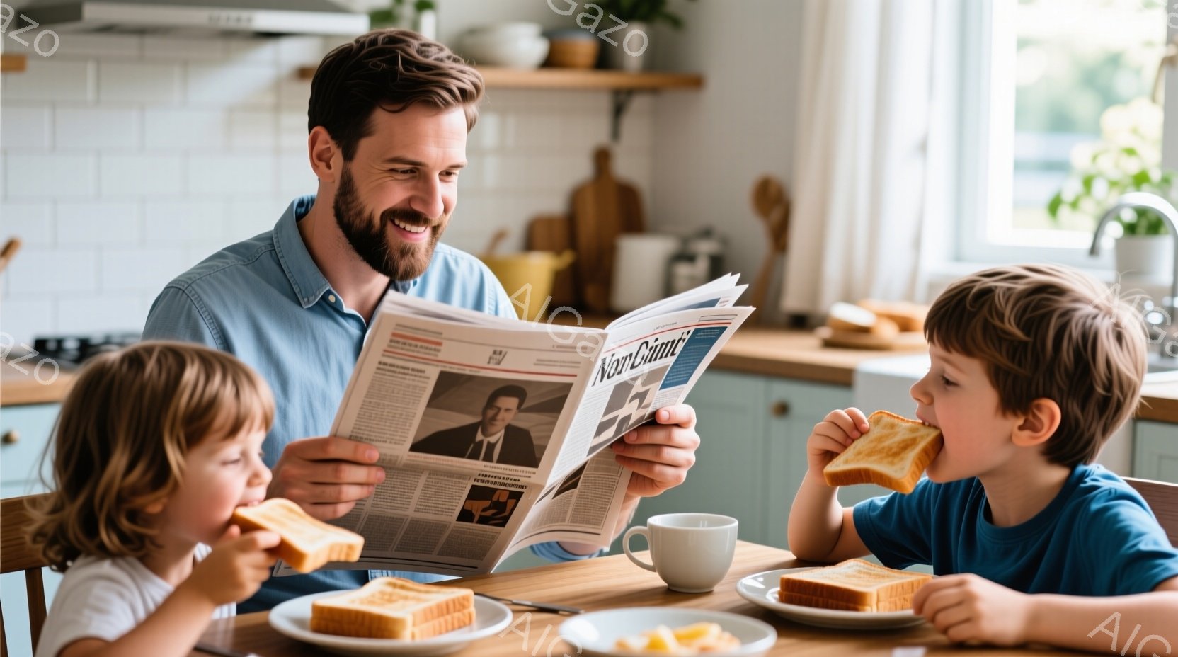 暖色系のキッチンで、父親が新聞を読みながら笑顔で朝食をとっています。二人の子供たちはトーストを頬張り、父親を見上げています。背景には木製のカウンターや観葉植物が見え、温かく穏やかな家庭の雰囲気が漂って - AI生成フリー素材