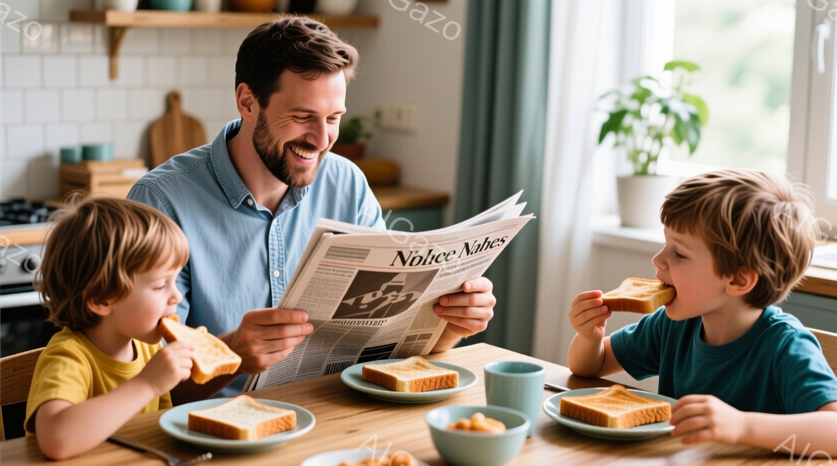 暖かく明るいキッチンで、父親と二人の幼い息子たちが朝食をとっています。父親は新聞を読み、息子たちはトーストを食べています。皆、リラックスした表情で、幸せな家族の雰囲気が漂っています。