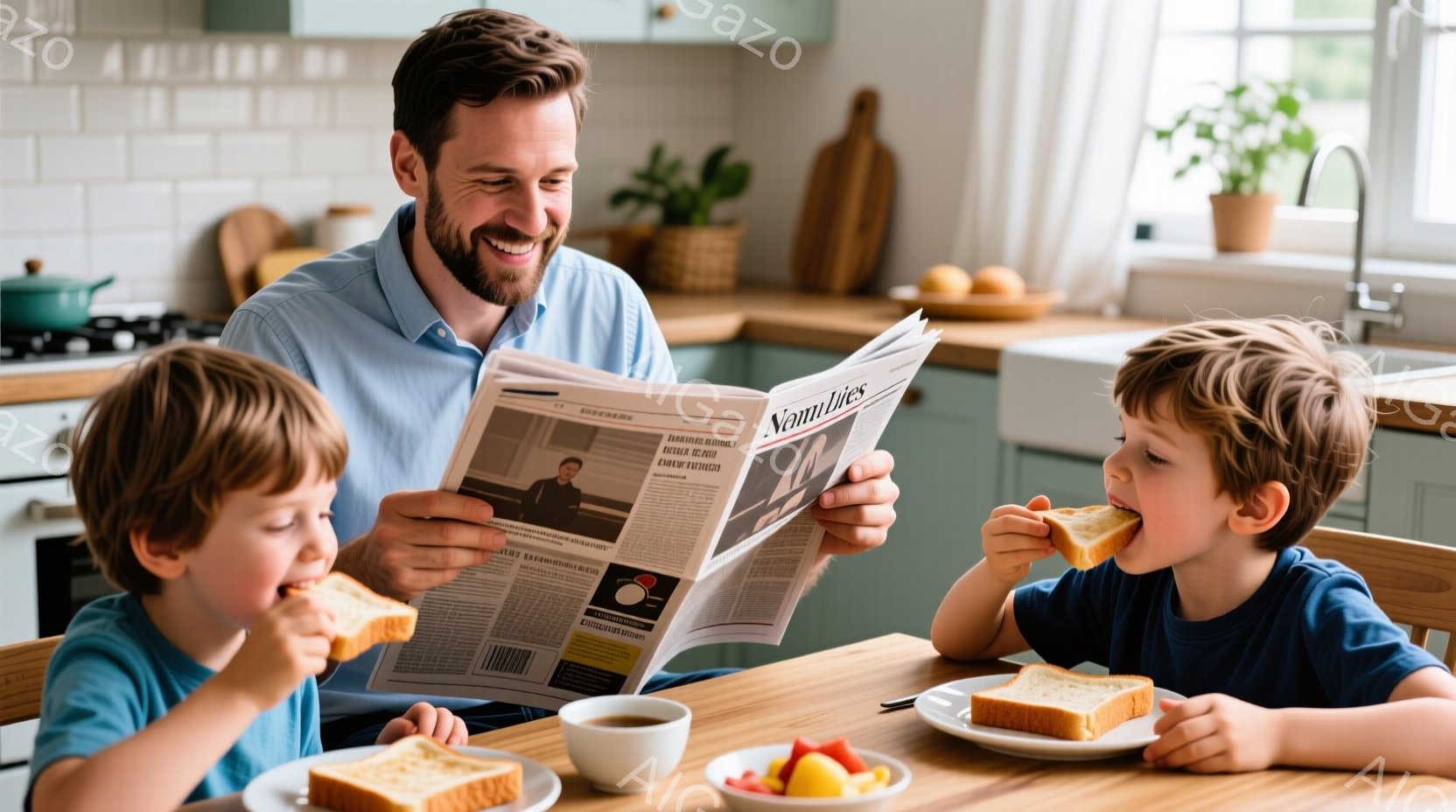 暖炉と木製のテーブルのある明るいキッチンで、父親と二人の幼い息子が朝食をとっています。父親は新聞を読みながら微笑み、息子たちはトーストを美味しそうに食べています。テーブルの上には、果物、トースト、コーヒーカップが置かれ、温かく穏やかな家庭の雰囲気が漂っています。