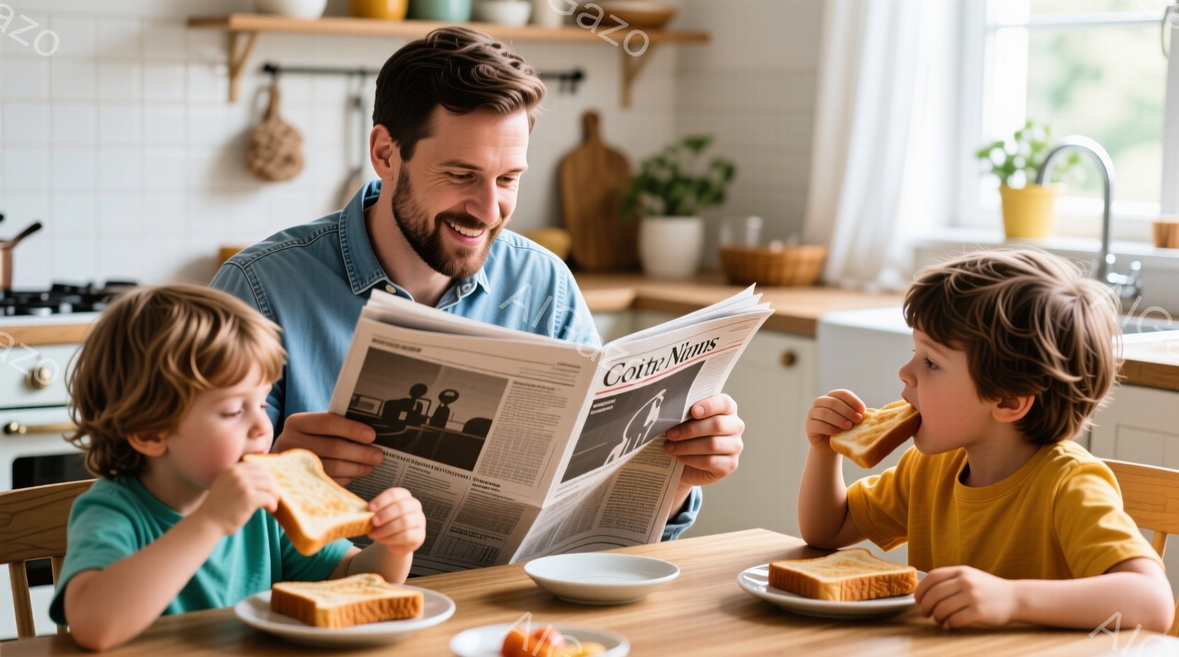 茶髪でひげを生やした父親が新聞を読み、2人の幼い息子たちは朝食にトーストを食べている。息子たちはそれぞれ黄色と水色のシャツを着ており、父親はデニムシャツを着ている。背景にはキッチンがあり、明るい日差しが差し込み、温かく家庭的な雰囲気が漂っている。