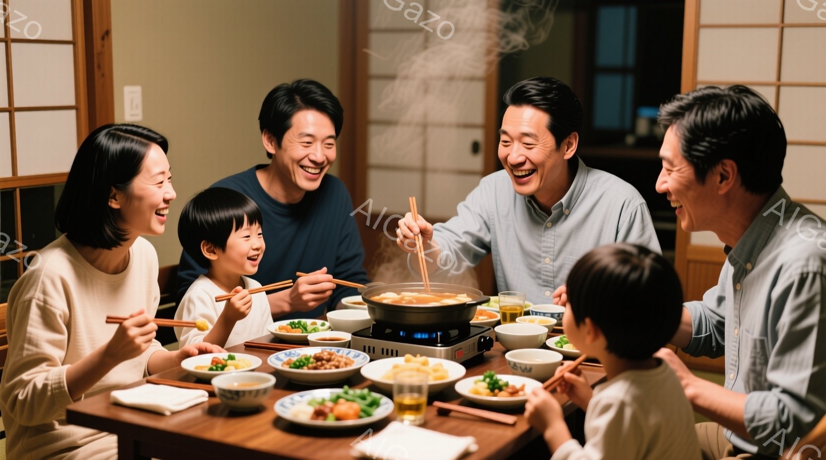 家族が食卓を囲んで鍋料理を楽しんでいる様子が描かれています。全員が笑顔で、リラックスした雰囲気で食事を楽しんでいます。背景は木製の壁で、温かく家庭的な雰囲気です。 - AI生成フリー素材