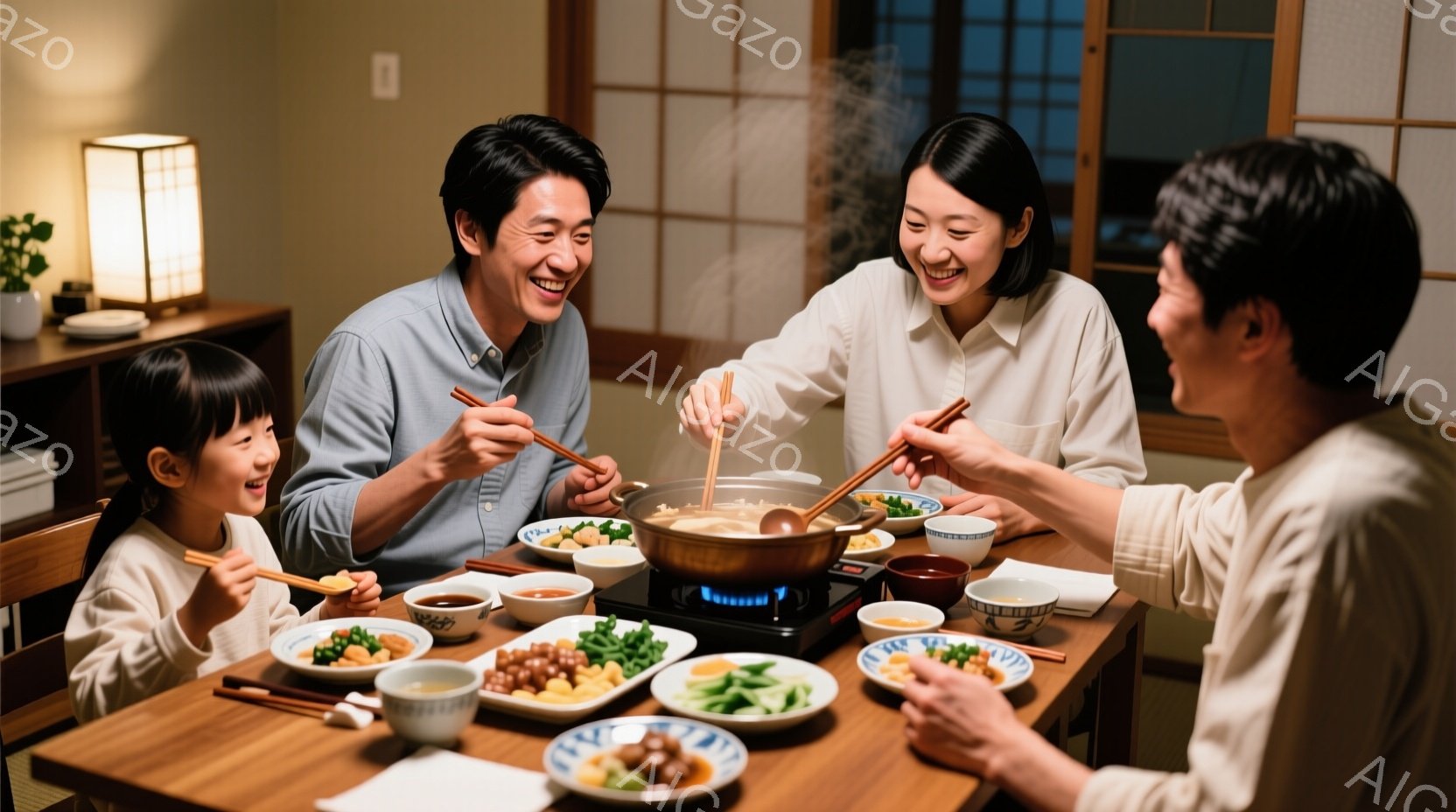 家族四人が食卓を囲み、鍋料理を楽しんでいる様子が描かれています。皆、笑顔で箸を持ち、鍋から具材を取り合っているようです。背景には木製の棚と柔らかな光のランプがあり、温かく穏やかな家庭的な雰囲気が漂っています。