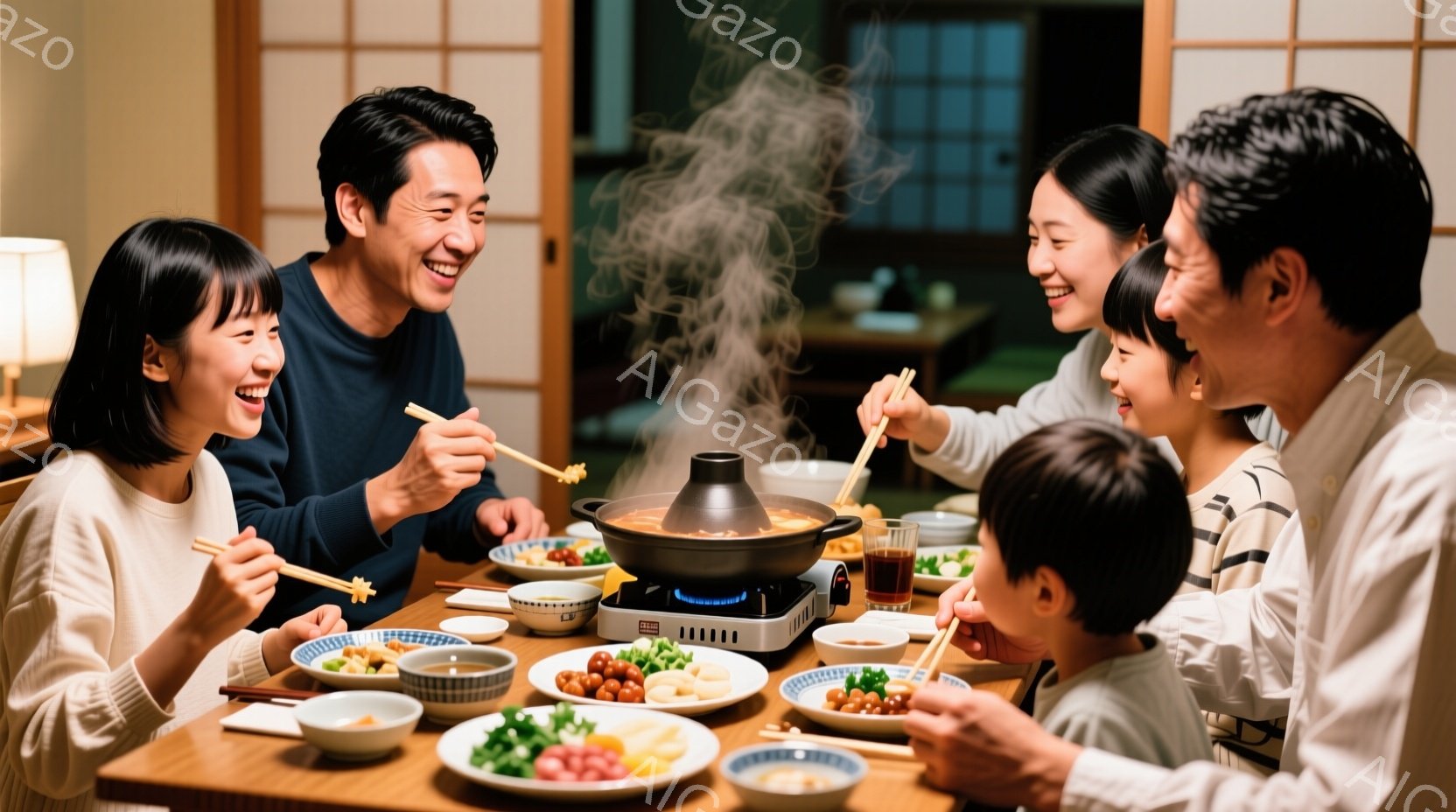 温かい照明の下、家族が鍋料理を楽しんでいる様子が描かれています。母親は白いセーターを着ており、短い黒髪で、笑顔で鍋から何かを取り出そうとしています。父親と子供たちはそれぞれ異なる服装で、皆笑顔で鍋料理 - AI生成フリー素材