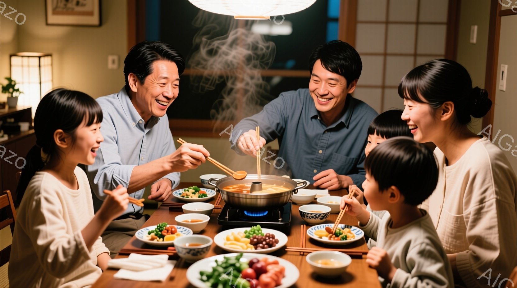 家族五人が食卓を囲み、鍋料理を楽しんでいる様子が写っている。皆、笑顔で、女性は明るい色のシャツ、男性は青いシャツを着ており、子供たちはカジュアルな服装をしている。背景には木製のテーブルと、料理が並べら - AI生成フリー素材