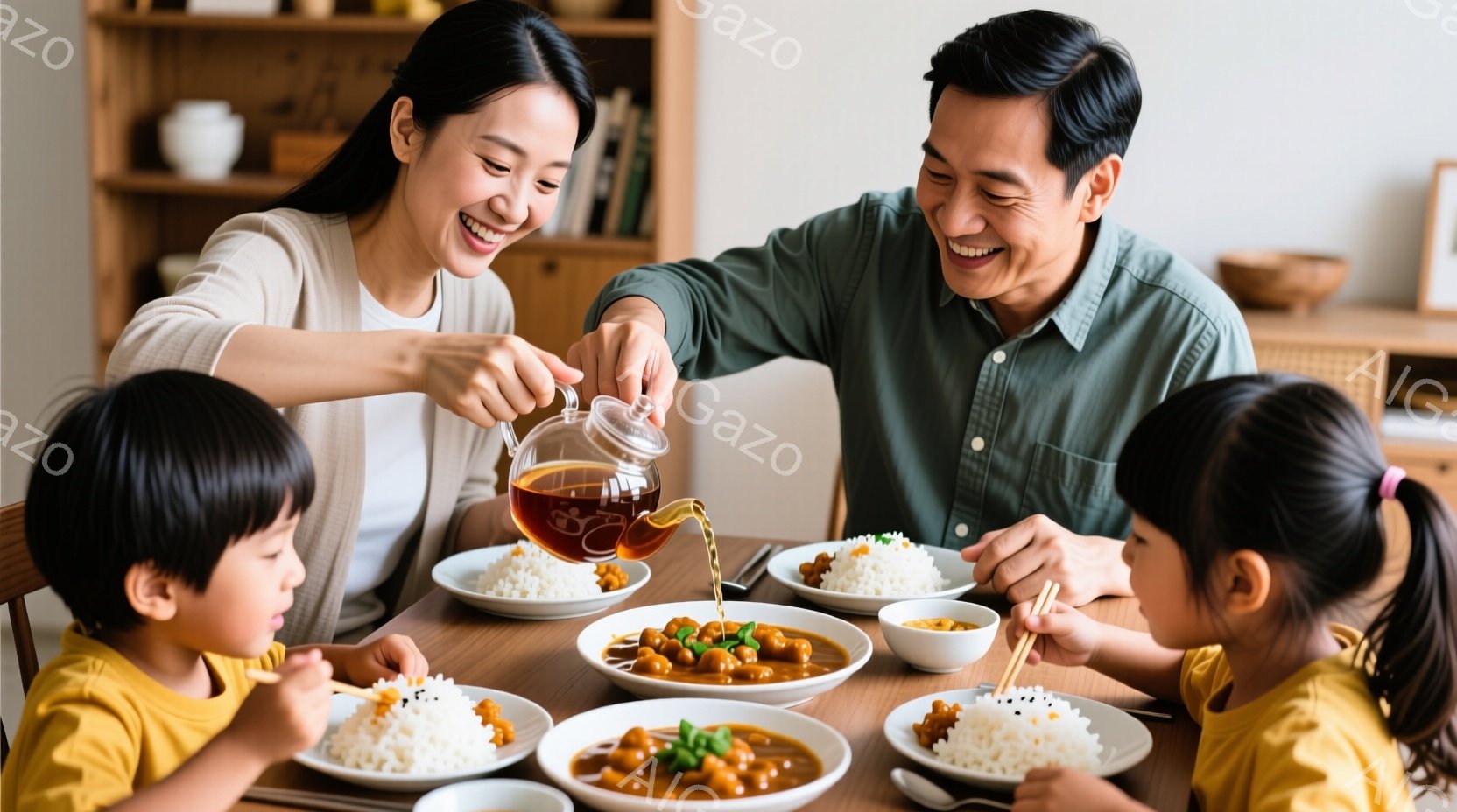 家族四人が食卓を囲んで夕食をとっている様子が描かれている。母親は茶色のソースをライスの上に注ぎ、父親と二人の子供たちは笑顔で食事を楽しんでいる。背景には木製の棚と柔らかい光があり、温かく幸せな家庭の雰 - AI生成フリー素材