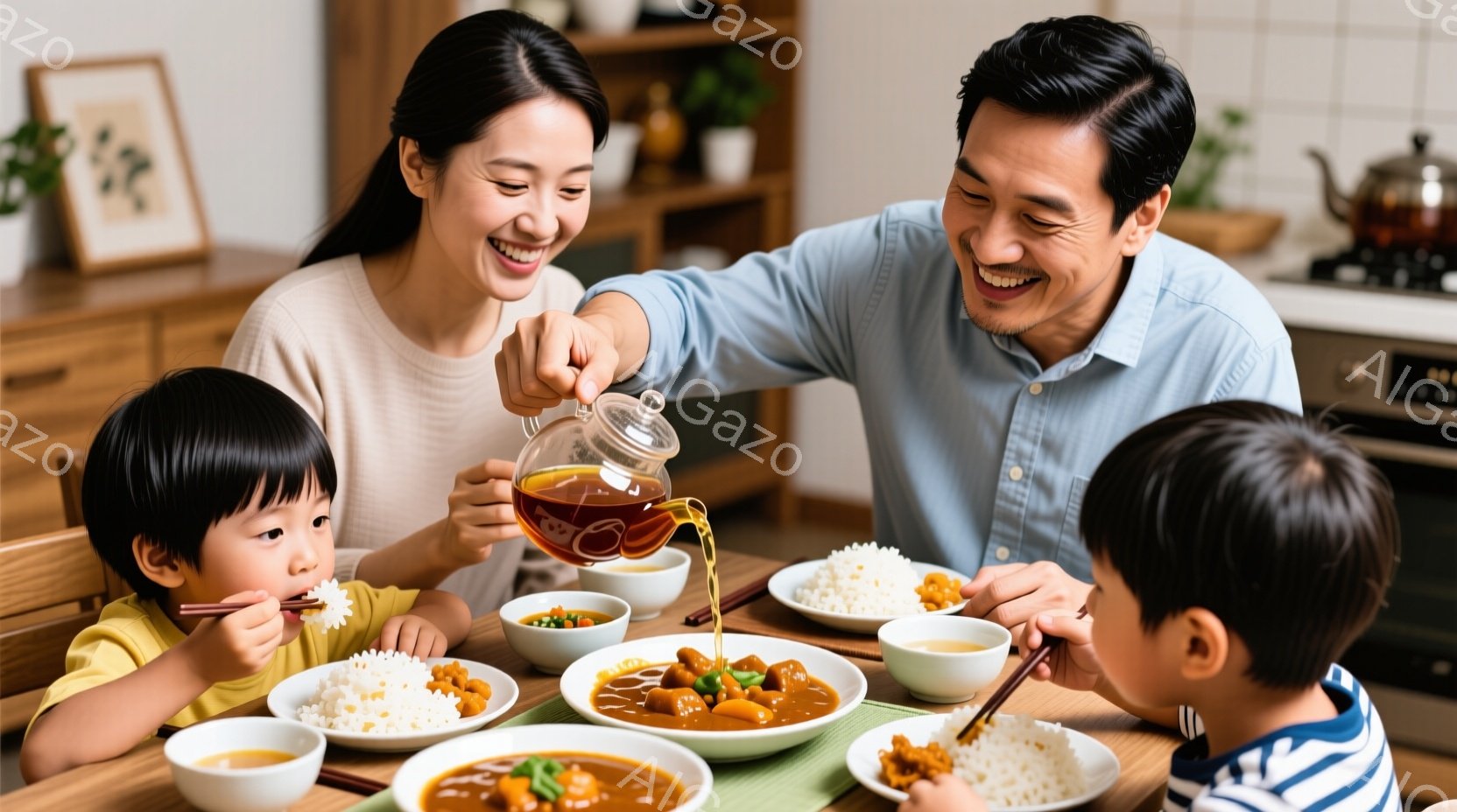 家族が食卓を囲み、夕食を楽しんでいる様子が描かれています。母親は笑顔で子供たちにカレーソースを注ぎ、父親と息子も箸を使って食事をしています。背景には木製の棚や調理器具が見え、温かく家庭的な雰囲気が漂っています。