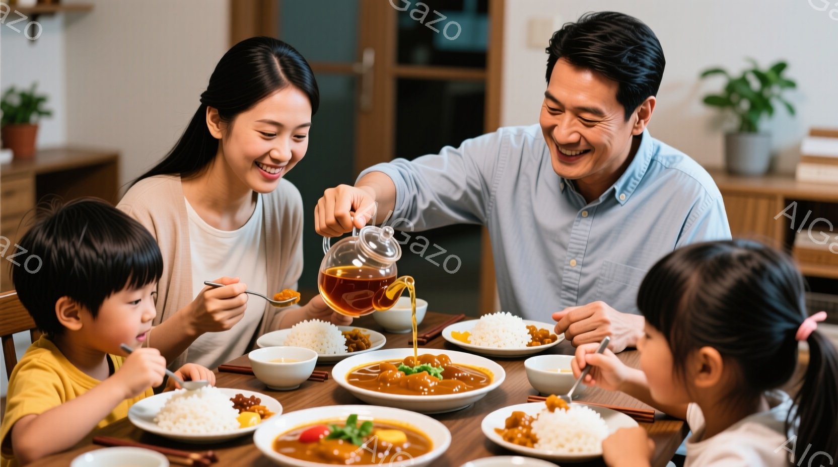 家族が食卓を囲み、夕食を楽しんでいる様子が写っている。母親は微笑みながらカレーソースをライスにかける手伝いをしており、父親は優しく微笑みながらその様子を見守っている。子供たちはそれぞれライスとカレーを食べ始め、温かく幸せな家庭の雰囲気が漂っている。