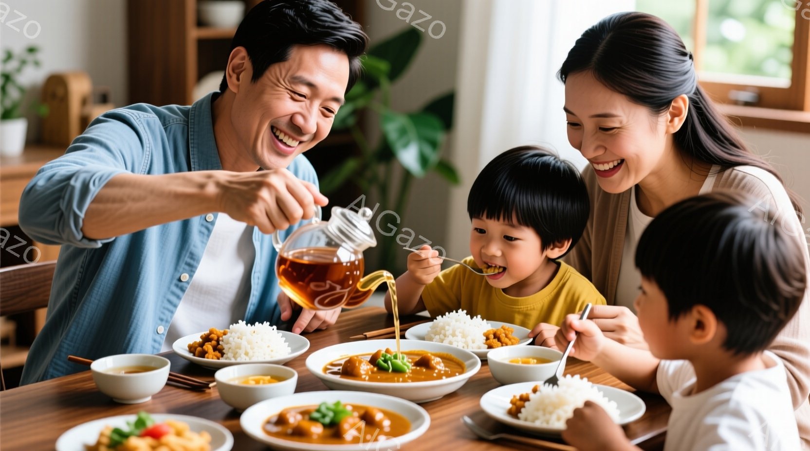 家族が食卓を囲み、夕食を楽しんでいます。父親はソースをライスの上に注いでおり、母親と子供たちは笑顔で食事をしています。背景には木製の家具や植物が見え、温かく幸せな家庭の雰囲気が伝わってきます。