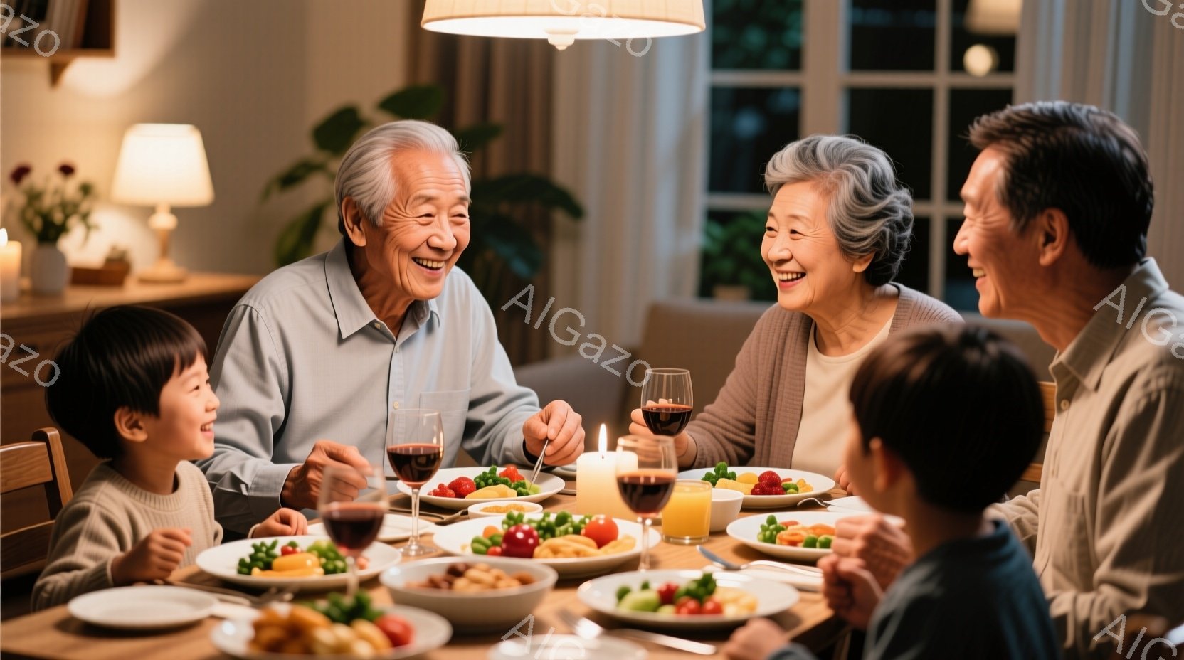 暖炉の光に照らされたダイニングテーブルを、笑顔の家族が囲んでいる。白髪の祖父母はそれぞれワイングラスを持ち、若い世代の夫婦と子供たちは料理を楽しんでいる様子だ。背景には温かい光が差し込み、穏やかで幸せ - AI生成フリー素材