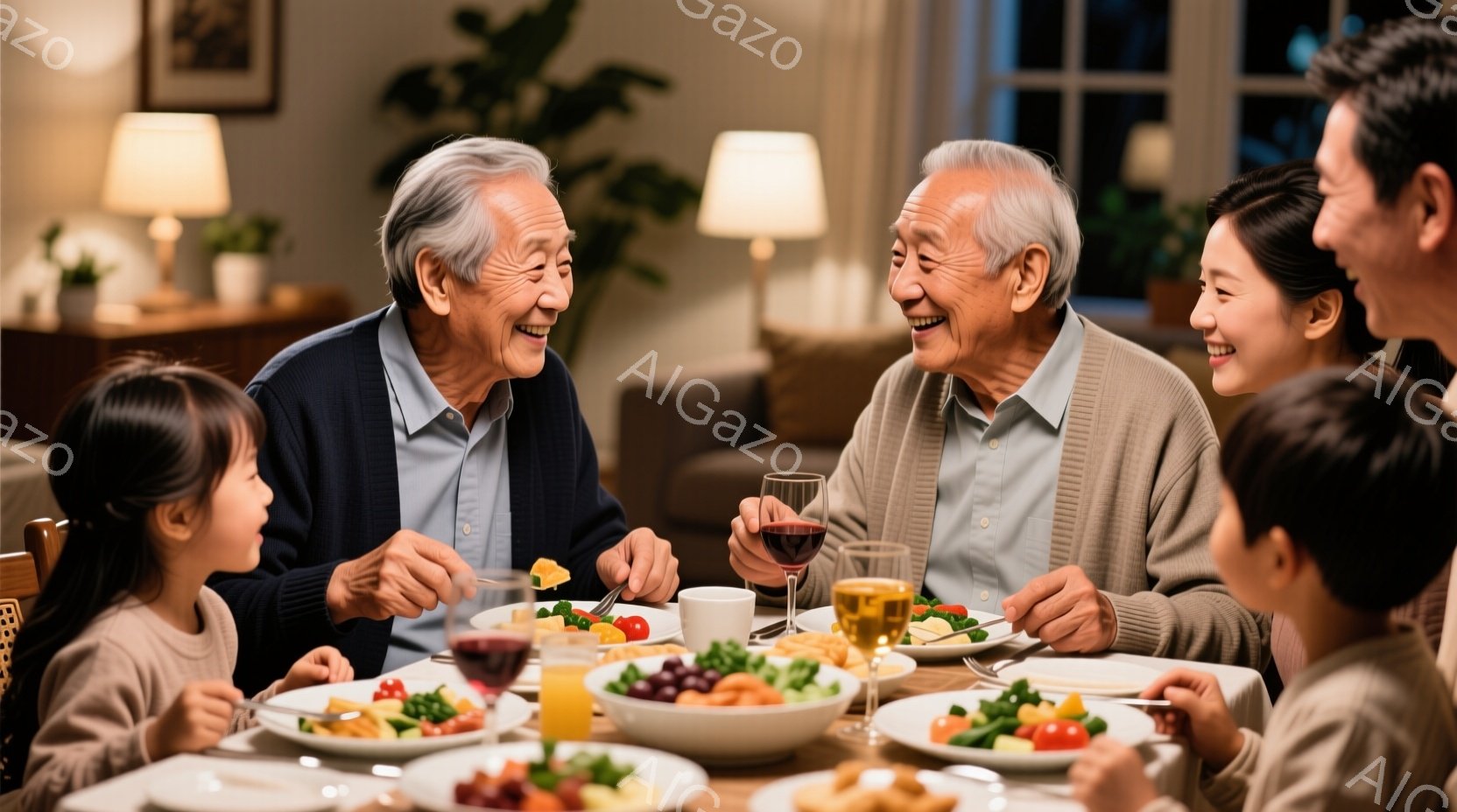 温かい家庭の食卓風景で、高齢の男性二人が笑顔で食事を楽しんでいます。彼らはそれぞれニットのセーターを着ており、髪は白髪混じりで、顔には深い笑顔が広がっています。テーブルにはサラダやパン、ワイングラスな - AI生成フリー素材