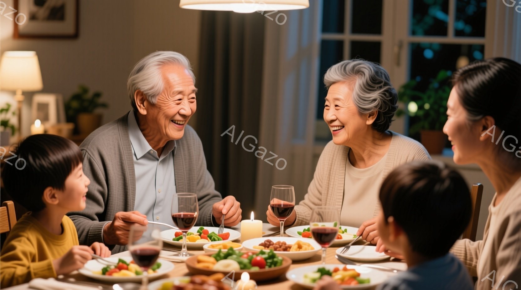 温かい光に包まれた食卓を、家族が囲んでいる様子が描かれている。白髪の祖父母は穏やかな笑顔を浮かべ、孫たちと楽しそうに食事をしている。背景には暖色の照明と、ぼんやりとした夜景が見え、家族団らんの幸福な雰 - AI生成フリー素材