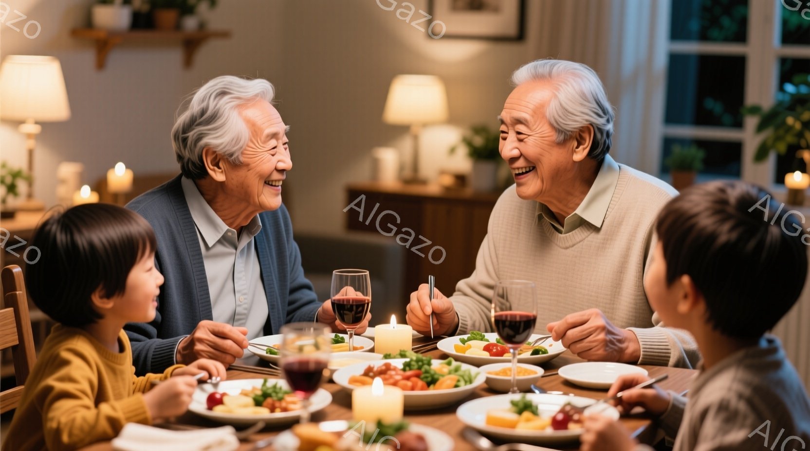 白髪の祖父と2人の子供たちが食卓を囲み、夕食を楽しんでいます。祖父は笑顔で子供たちと目を合わせ、子供たちはそれぞれお皿の料理を手に持っています。背景にはキャンドルや植物が置かれ、暖かく穏やかな家庭の雰囲気が漂っています。