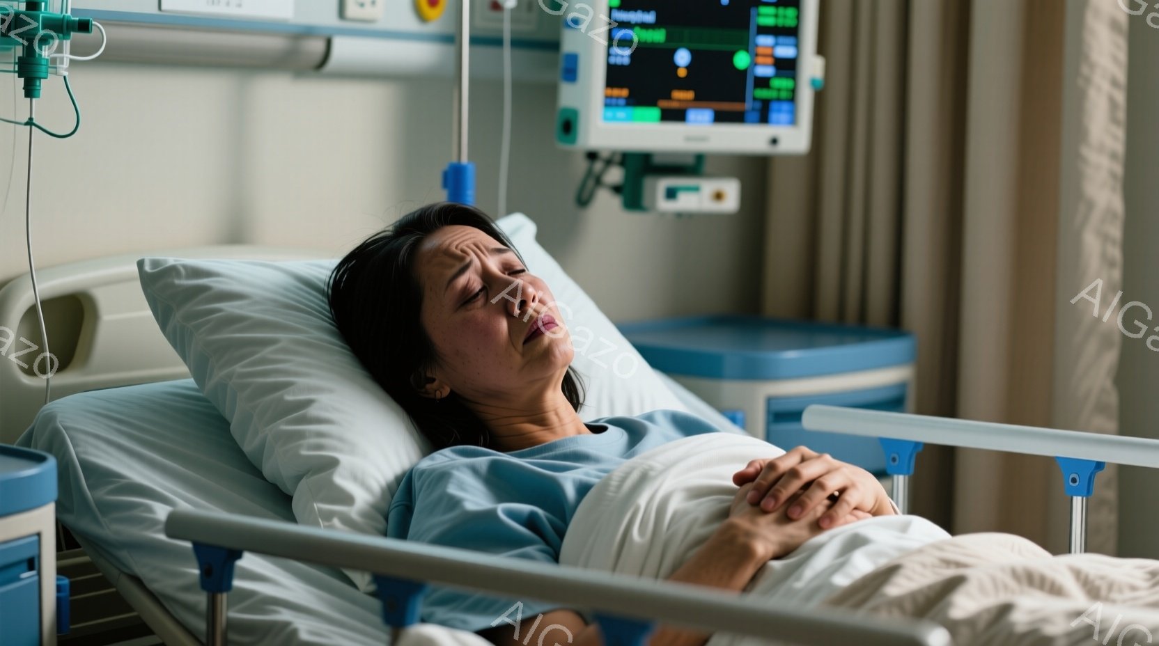ベッドに横たわる女性が写っている。彼女は青い病院着を着ており、髪は後ろでまとめて無造作に垂らされている。表情は苦痛に歪んでおり、目は閉じられているように見える。