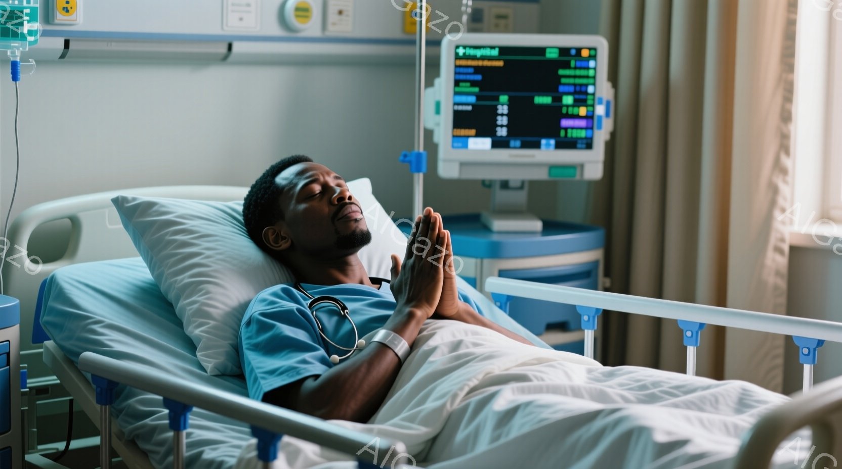 ベッドに横たわる若い黒人男性が写っている。彼は医療用ガウンを着用し、首には聴診器がかけられている。彼の表情は穏やかで、目は閉じ、祈るように手を合わせており、背景には医療機器やモニターが設置された病院の様子がうかがえる。