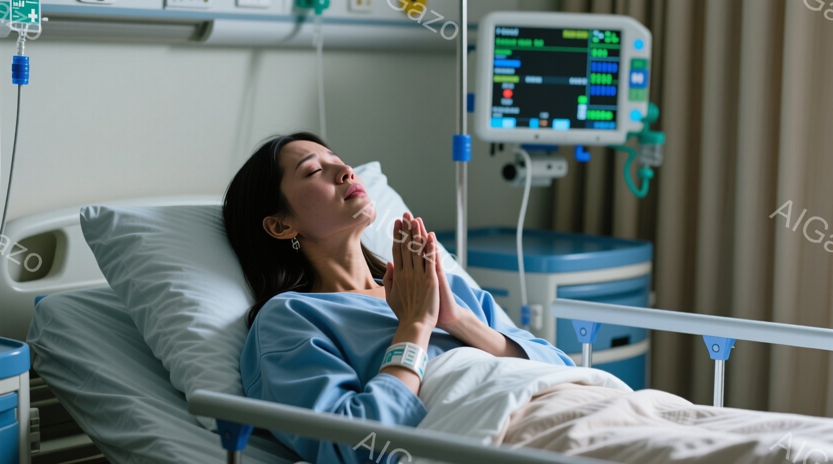ベッドに横たわる女性は、薄い水色の病院着を着ており、髪は後ろで一つにまとめられています。彼女は目を閉じ、祈るように手を合わせており、表情は穏やかで、どこか不安げです。背景には医療機器やモニターが見え、病院の病室であることがわかります。