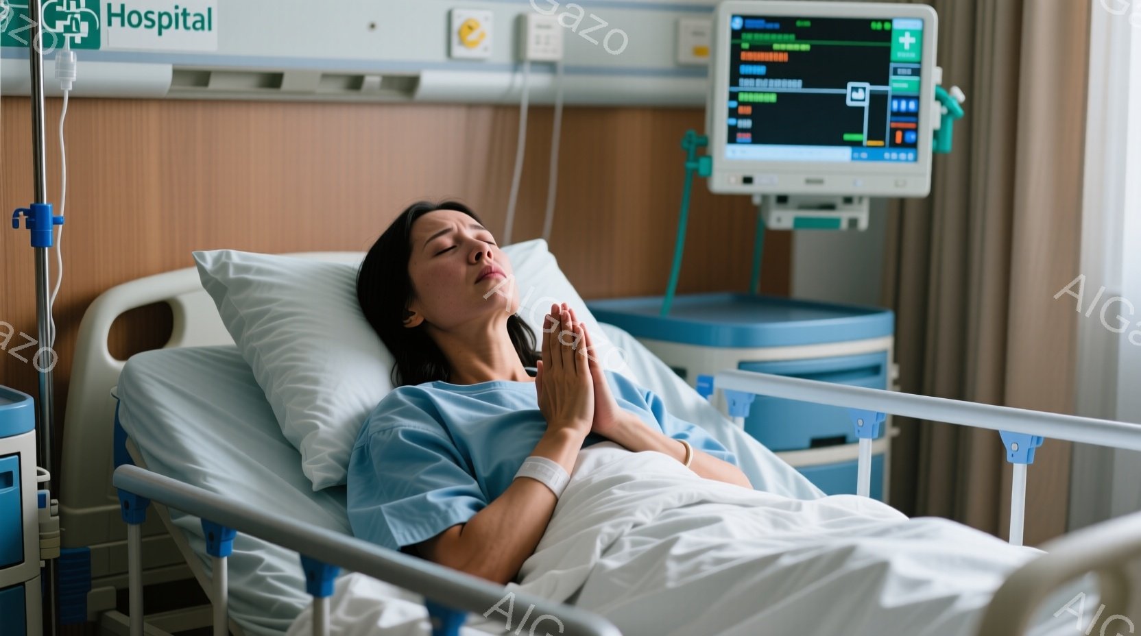 患者は病院のベッドに横たわっており、薄い水色の病院着を着ています。彼女は目を閉じ、両手を胸の前で合わせて祈っているかのように見えます。背景には医療機器やモニターがあり、病院の部屋であることを示しています。