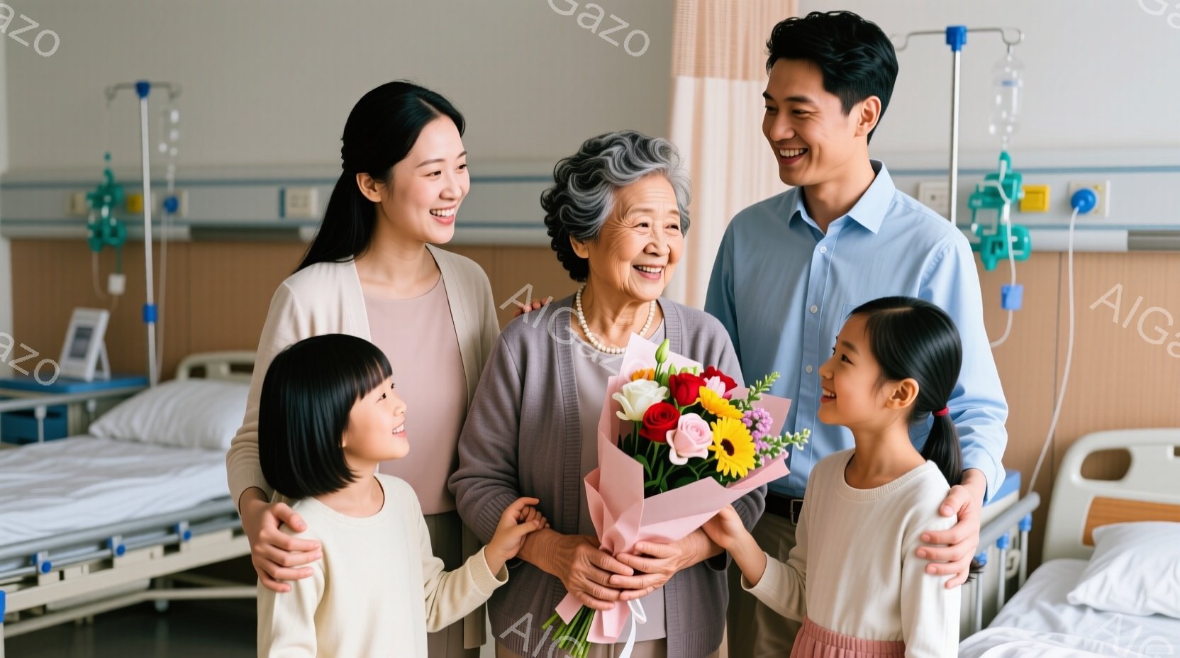 白髪の女性が、ピンクと黄色のバラの花束を抱え、微笑んでいます。彼女の左右には、それぞれ若い女性と若い男性が寄り添い、さらにその両脇には、笑顔の幼い女の子が腕を組んで立っています。背景には病院のベッドと - AI生成フリー素材