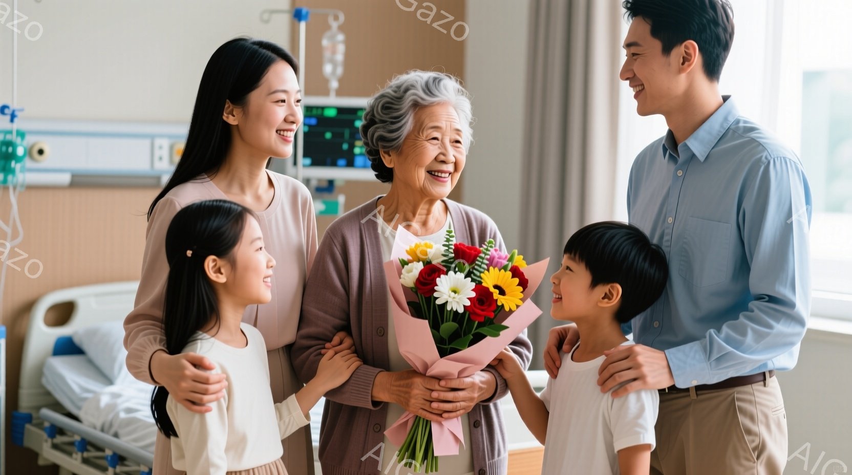 病院のベッドの前に、若い女性、高齢の女性、そして二人の子供たちが笑顔で立っています。高齢の女性はカーディガンを着ており、鮮やかな花束を持っています。二人の子供たちはそれぞれ両親に抱きしめられ、皆リラッ - AI生成フリー素材