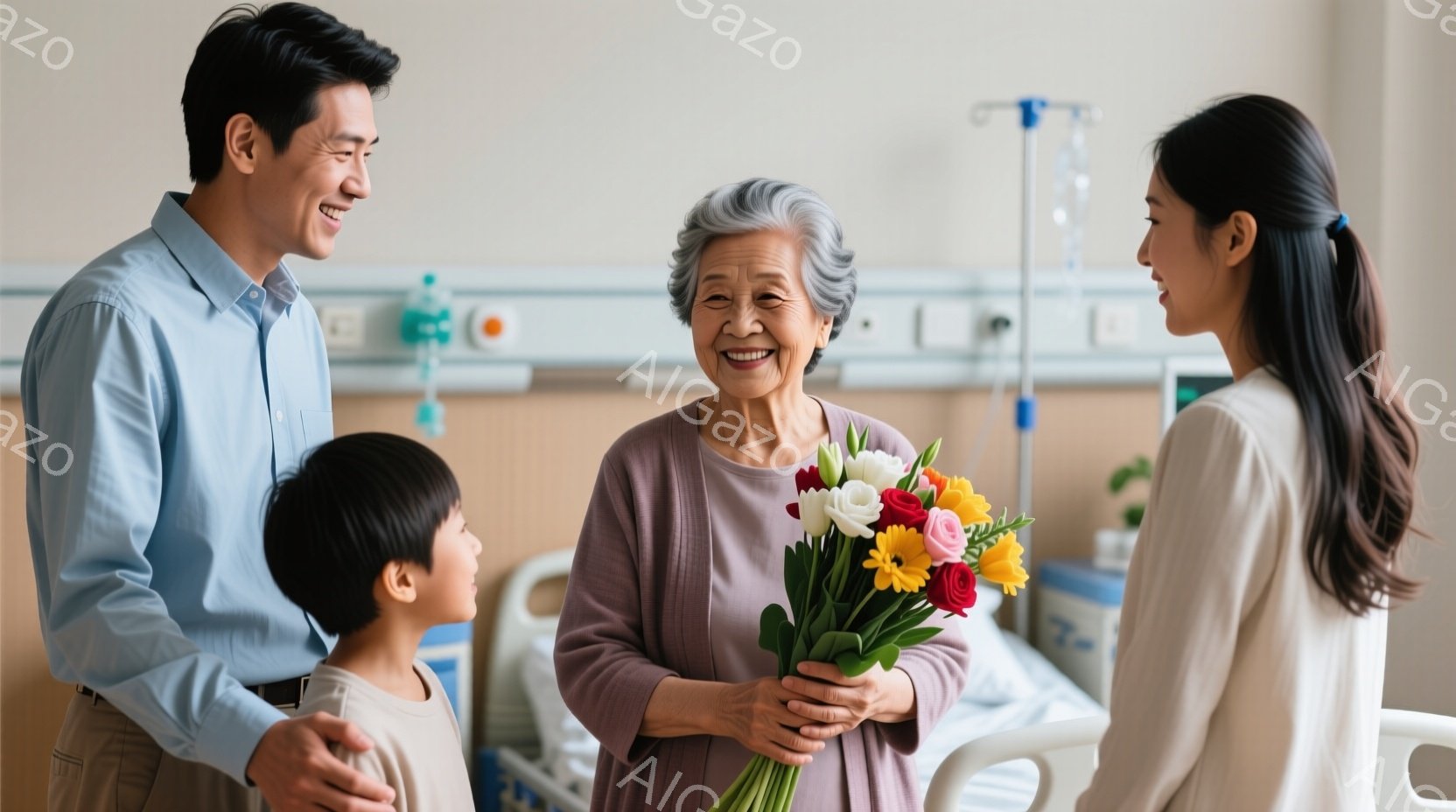病院のベッドの前に、年配の女性、男性、そして幼い男の子が立っている。女性は紫色のドレスを着て、明るい色の花束を手に微笑んでいる。男性と少年はそれぞれカジュアルな服装で、女性を見つめ、暖かく優しい雰囲気が漂っている。