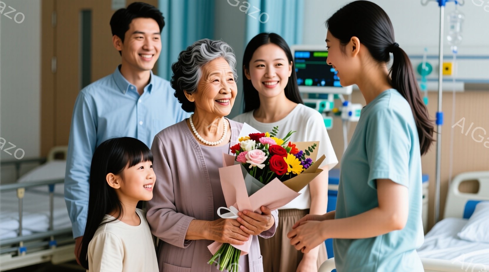 病院のベッドの前で、高齢の女性が孫娘から花束を受け取っています。女性は薄紫色のカーディガンに真珠のネックレスをつけ、笑顔で花を見つめています。背景には、笑顔でそれを見守る若い女性と男性がおり、病院のベッドと医療機器が見えます。