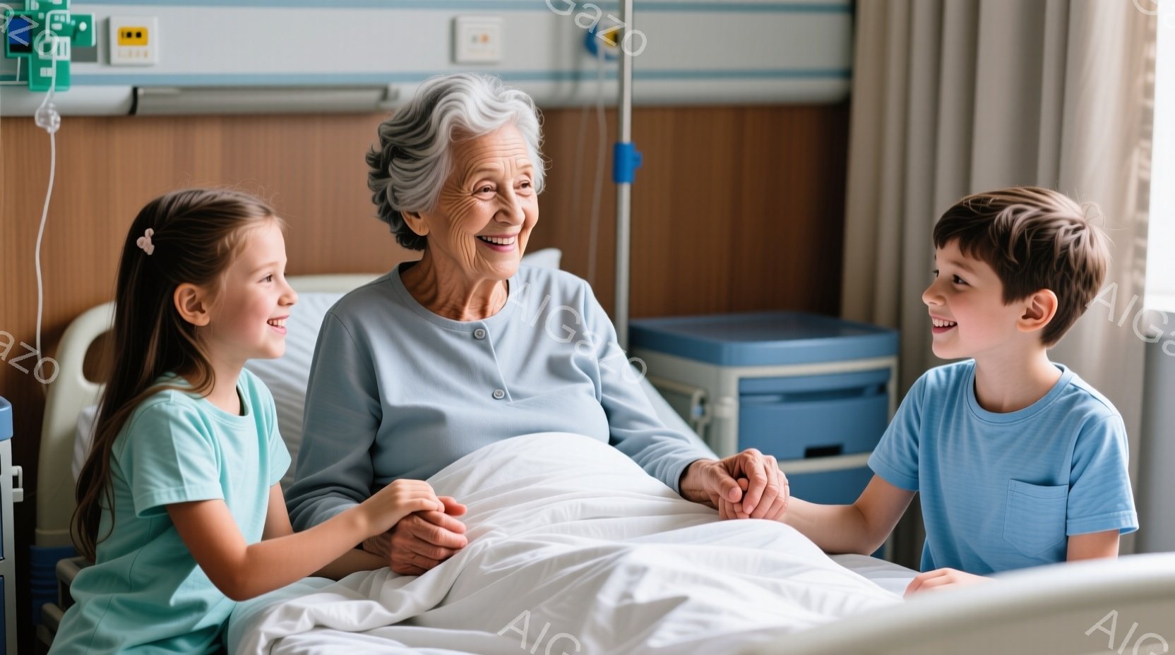 白髪の老婦人が病院のベッドに横たわり、左右にそれぞれ若い少女と少年が彼女の手を握っています。少女は明るい緑色のTシャツを着ており、少年は水色のTシャツを着ており、二人とも笑顔で老婦人と目を合わせ、温か - AI生成フリー素材