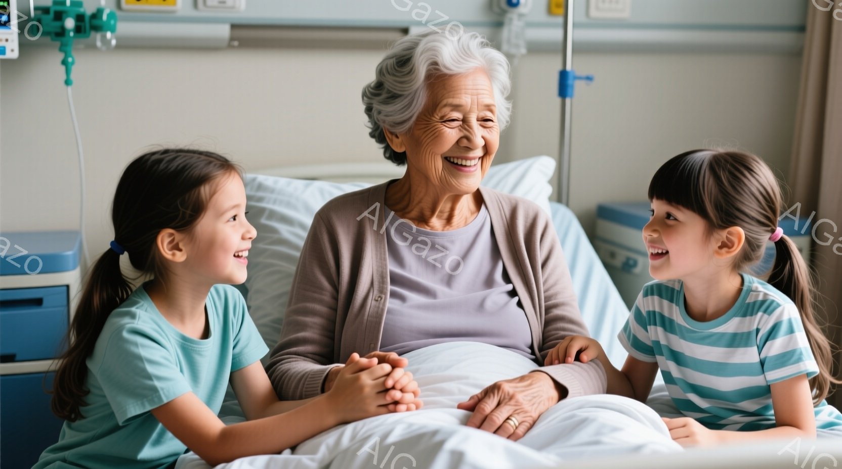 白髪の女性がベッドに座っており、嬉しそうな表情で左右に小さな女の子が寄り添っています。女の子たちは水色のストライプのシャツを着ており、女性はグレーのカーディガンと白いシャツを着ています。背景には病院の - AI生成フリー素材