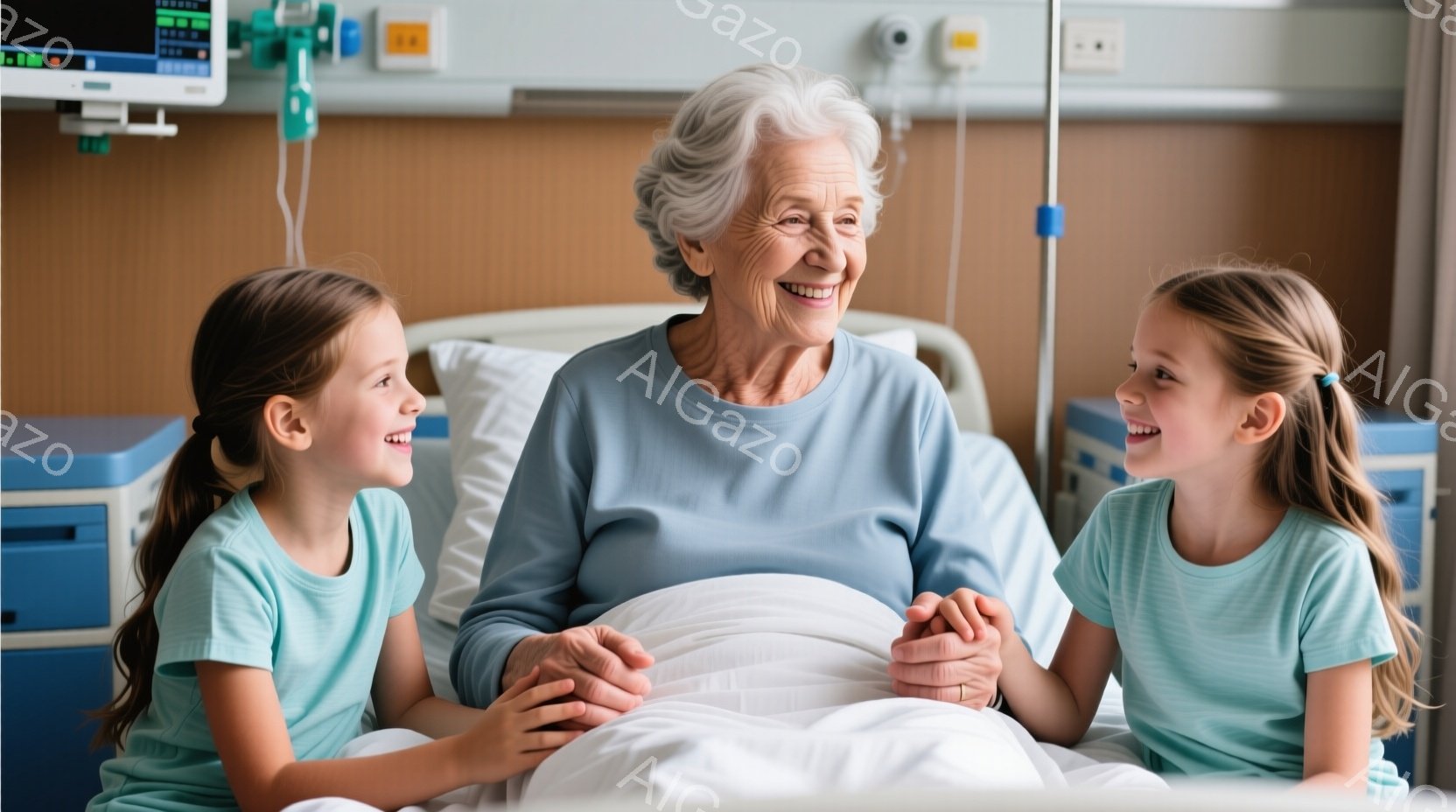 白髪の老婦人が病院のベッドに座り、左右に幼い少女が寄り添っている。少女たちは明るい水色のTシャツを着け、髪は後ろで三つ編みにされ、笑顔で老婦人を見つめている。背景には医療機器や白い壁が見え、全体的に温 - AI生成フリー素材
