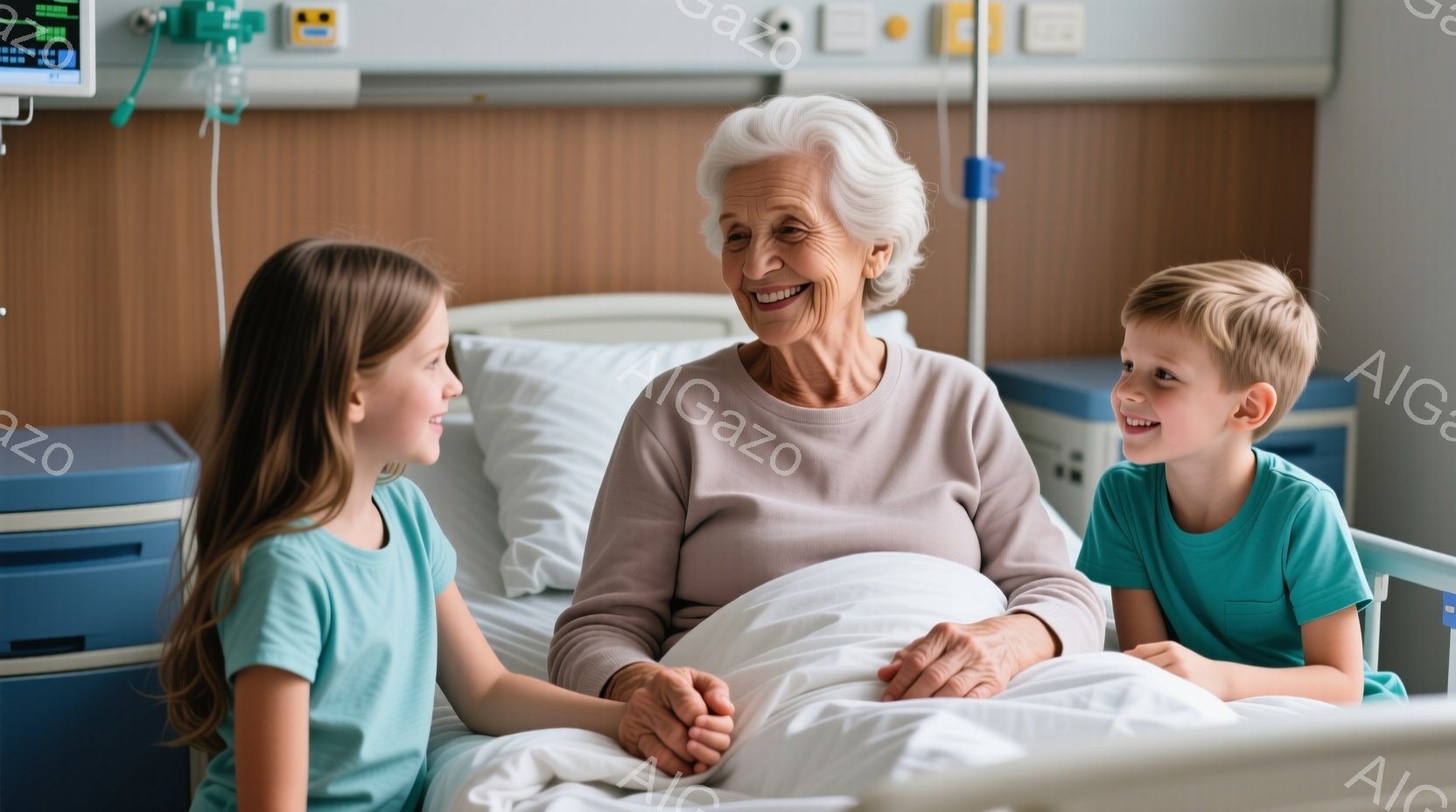 白髪の老婦人が病院のベッドに座っており、左右には若い子供たちが寄り添っています。彼女は微笑んでおり、子供たちも楽しそうに笑っています。背景には医療機器があり、病院の部屋であることがわかります。 - AI生成フリー素材