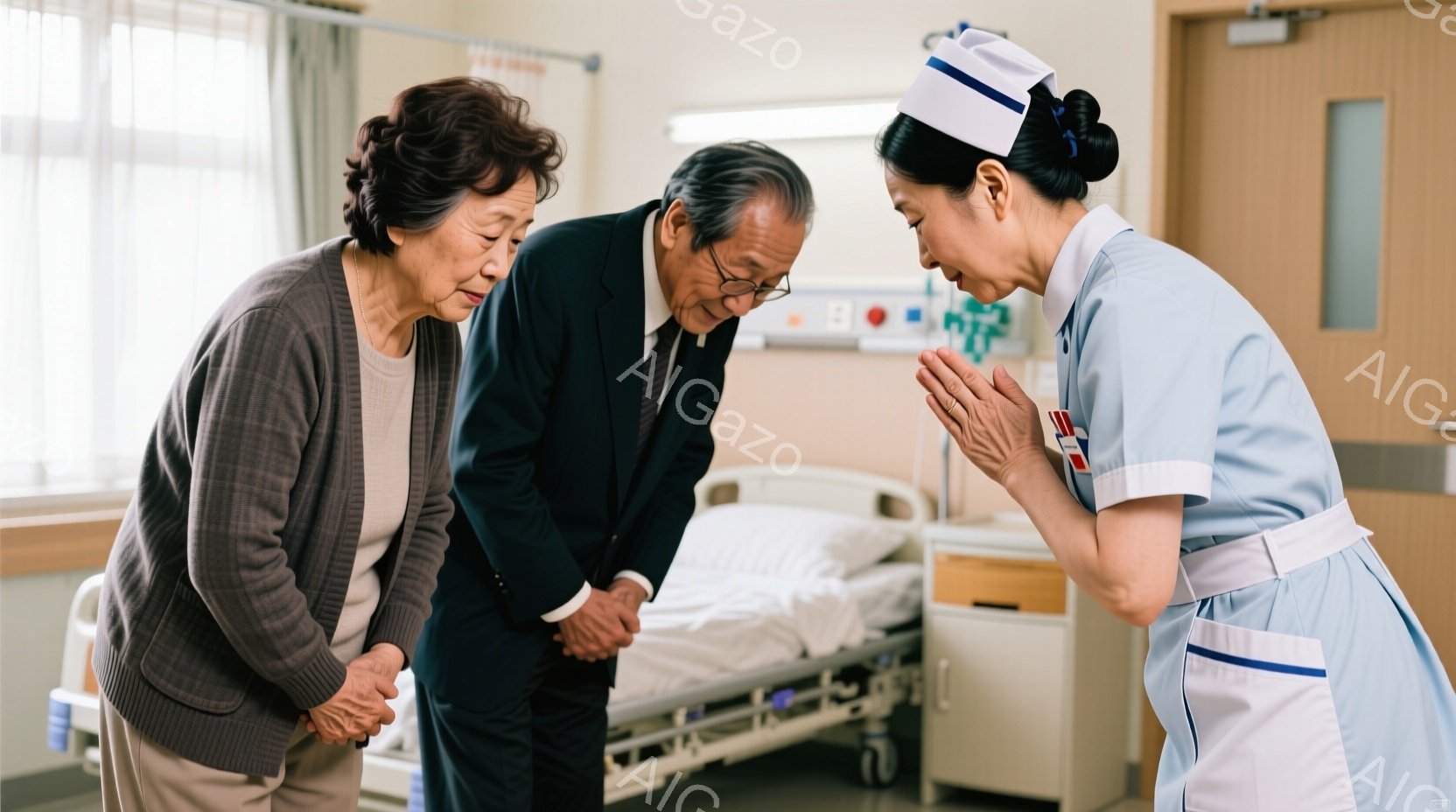 病院の病室で、高齢の夫婦と看護師が写っています。夫は黒いスーツを着ており、頭を下げて悲しんでいる様子です。妻はグレーのセーターを着ており、夫の隣で同じように頭を下げています。看護師は白い制服と帽子を着用し、両手を合わせて敬意を表しています。病室にはベッドがあり、窓からは自然光が差し込み、全体的に静かで悲しげな雰囲気が漂っています。