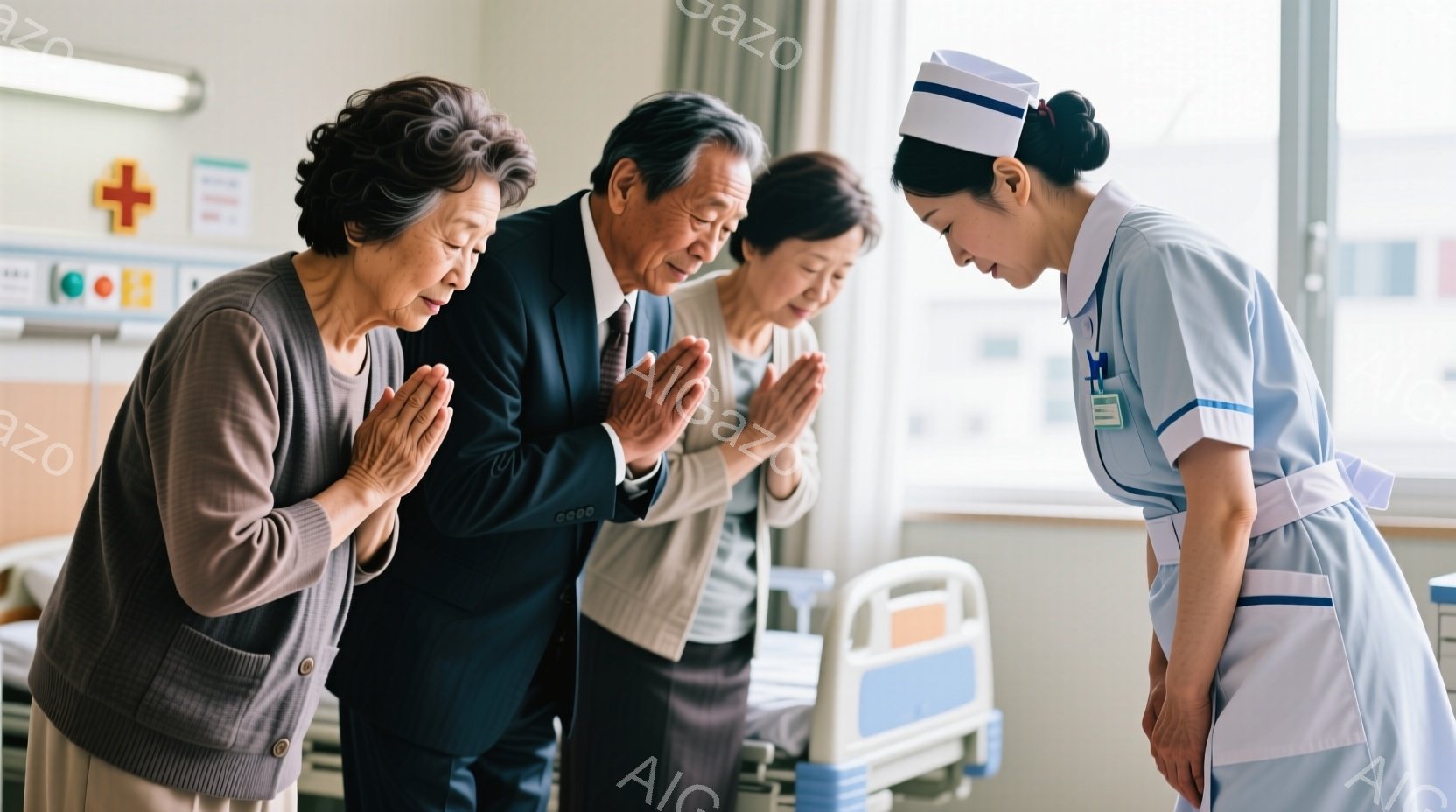 病院の病室で、高齢の夫婦と看護師が写っています。夫は濃い青のスーツとネクタイ、妻はベージュのニットを着ており、二人とも看護師に向かって恭しく両手を合わせ、感謝の意を表しています。看護師は白の制服と帽子を着用し、頭を下げて夫婦に敬意を示しており、病室の背景には病院のベッドや医療機器が見えます。