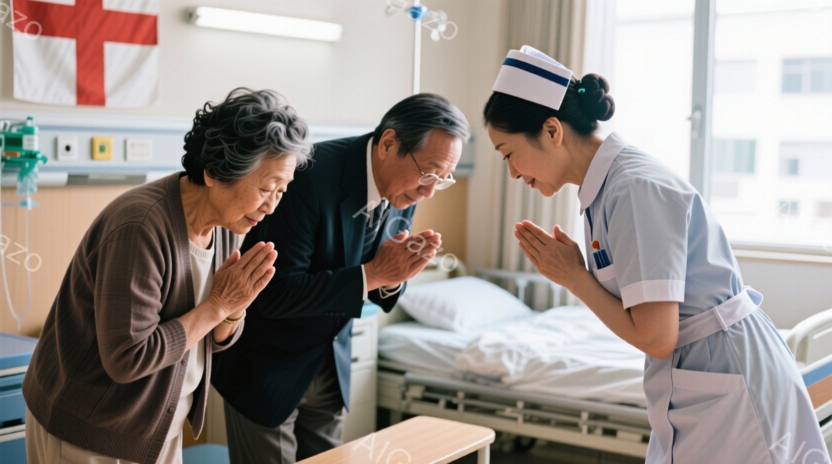 病院のベッドの前に立つ高齢の女性と男性、そして看護師が写っています。女性は茶色のカーディガンを着ており、男性は黒いスーツとネクタイで、三人は全員お辞儀をして敬意を表しています。背景には、白を基調とした病院のベッドと、窓の外には建物が見え、全体的に落ち着いた、敬意に満ちた雰囲気が漂っています。