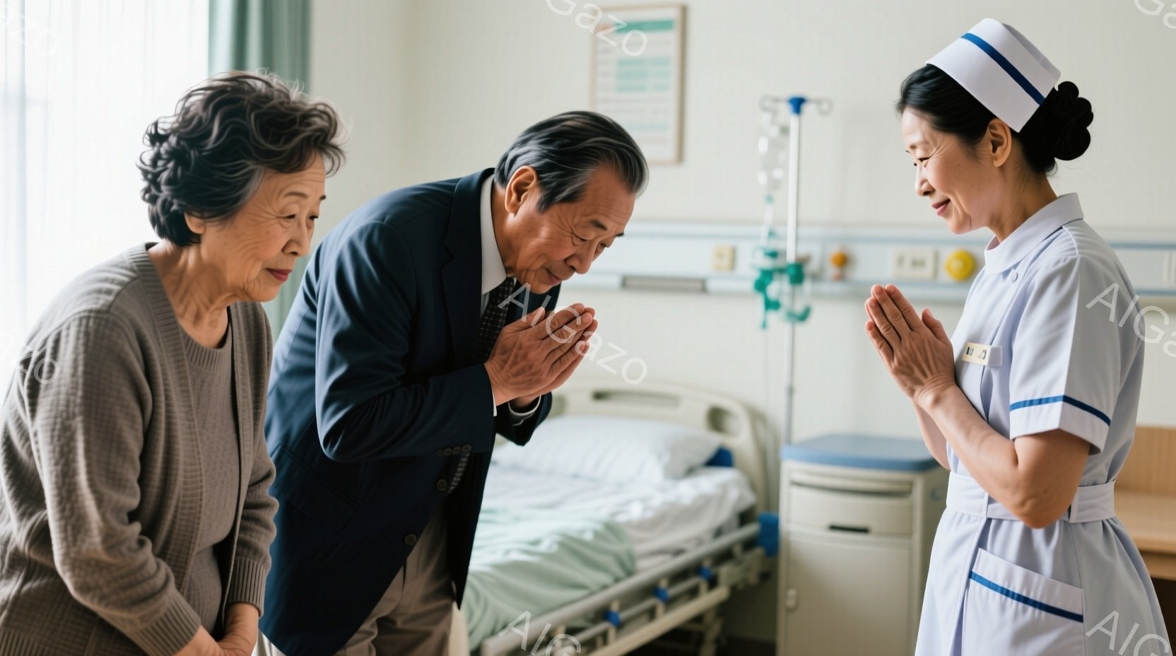病院の病室で、高齢の夫婦と看護師が写っています。夫は紺色のスーツを着ており、妻はグレーのセーターを着ており、二人とも看護師に対してお辞儀をしています。背景には病院のベッドと医療機器が見え、全体的に敬意と感謝の念が伝わる、落ち着いた雰囲気が漂っています。