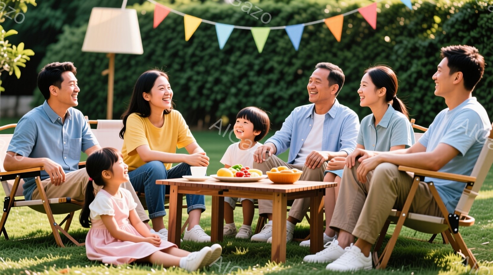 庭の緑豊かな芝生の上で、家族が円卓を囲んで楽しそうにしている様子が描かれています。子供たちはカジュアルな服装で、笑顔を浮かべ、大人はリラックスしたポーズで会話を楽しんでいます。背景には木々が生い茂り、カラフルなガーランドが飾られ、晴れた日の温かい家族のひとときを表現しています。