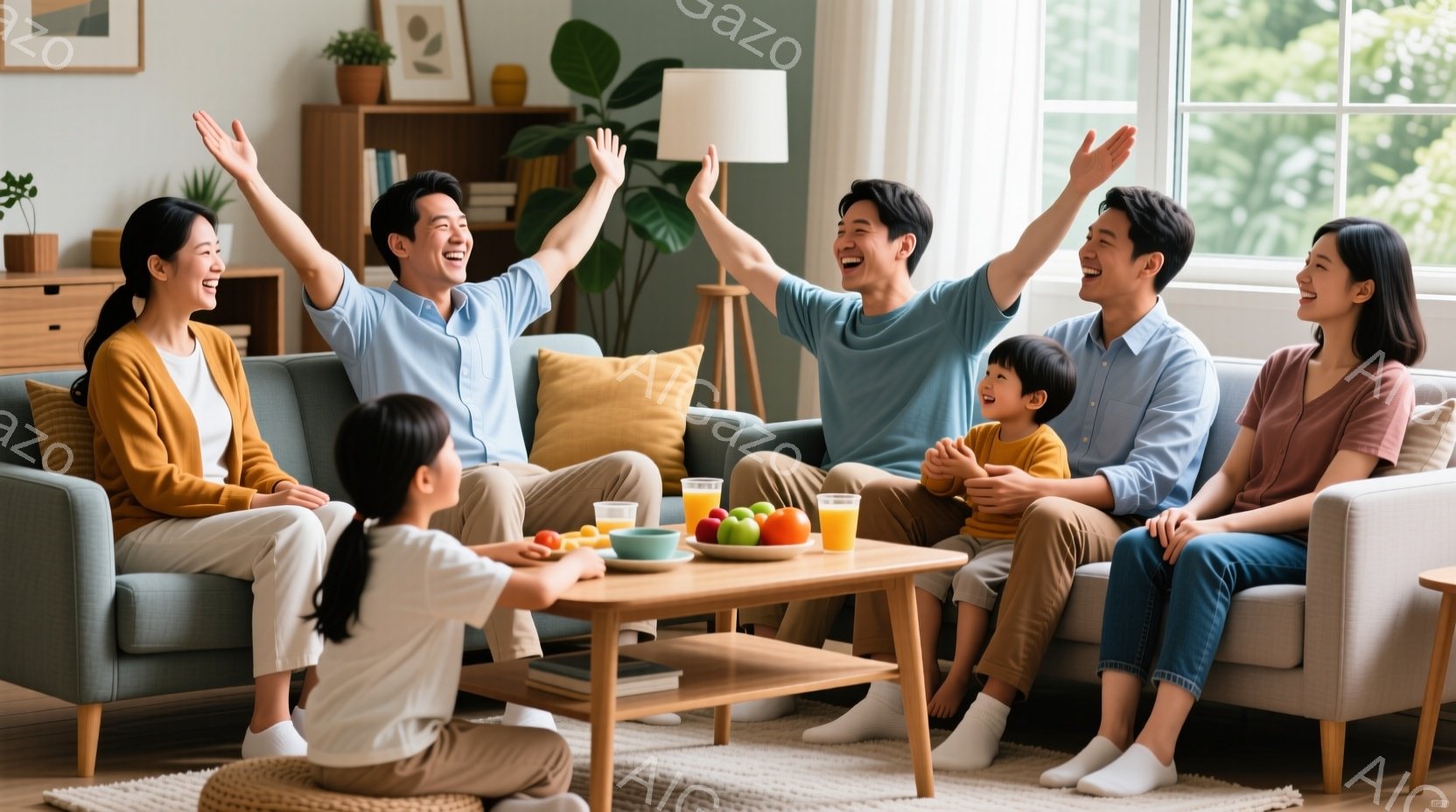家族がリビングルームでリラックスした時間を過ごしている様子が描かれています。女性はオレンジ色のセーターを着て微笑み、男性は明るいブルーのシャツを着て両手を上げて喜んでいます。背景には観葉植物やシンプル - AI生成フリー素材
