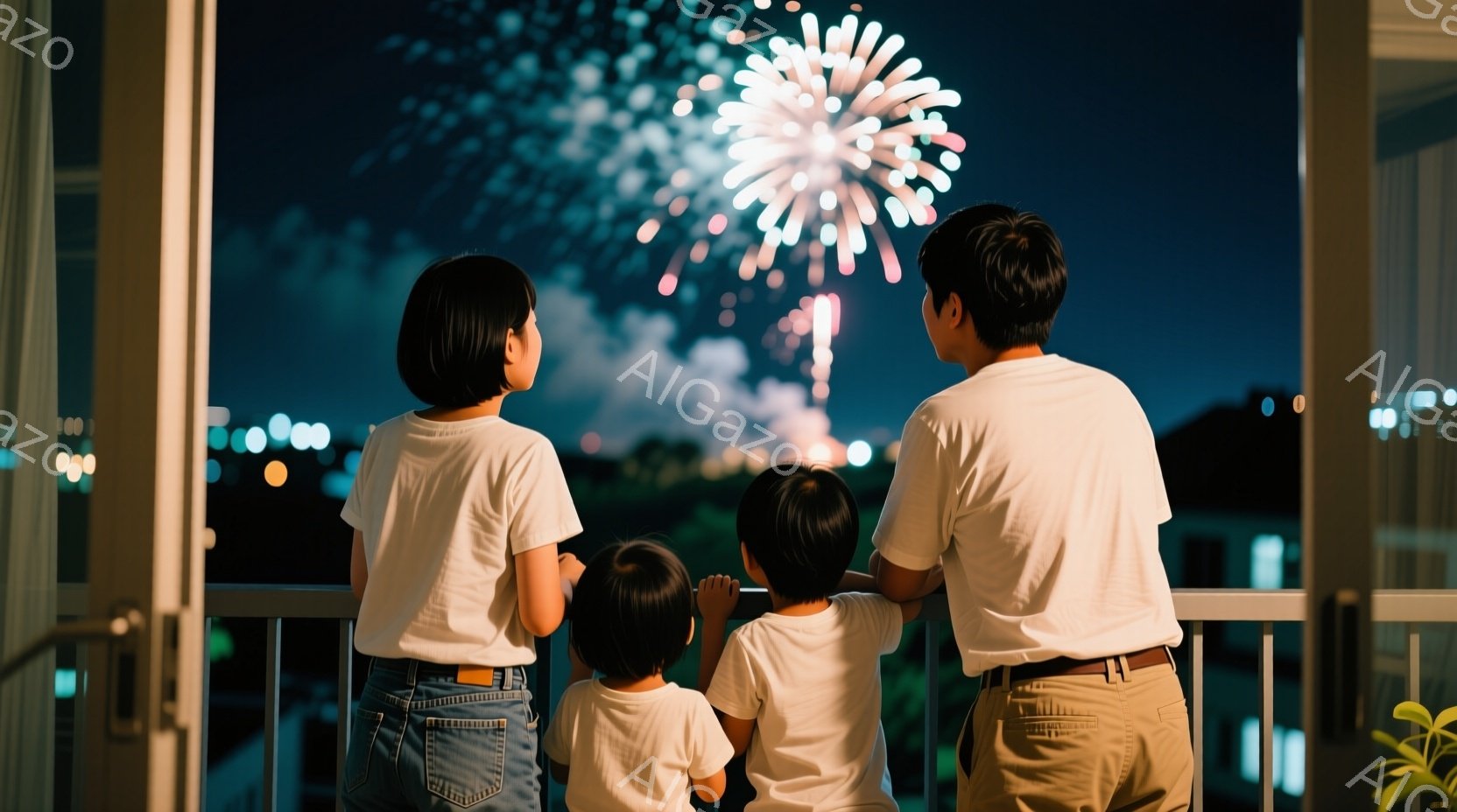 バルコニーから花火を見る家族の背中姿が写っている。母親は白いTシャツとジーンズ、父親と息子は白いTシャツにベージュやカーキのズボンを着用しており、皆、夜空に咲く花火を見上げている。背景には都市の灯りや建物が見え、夏の夜の温かく幻想的な雰囲気が漂っている。
