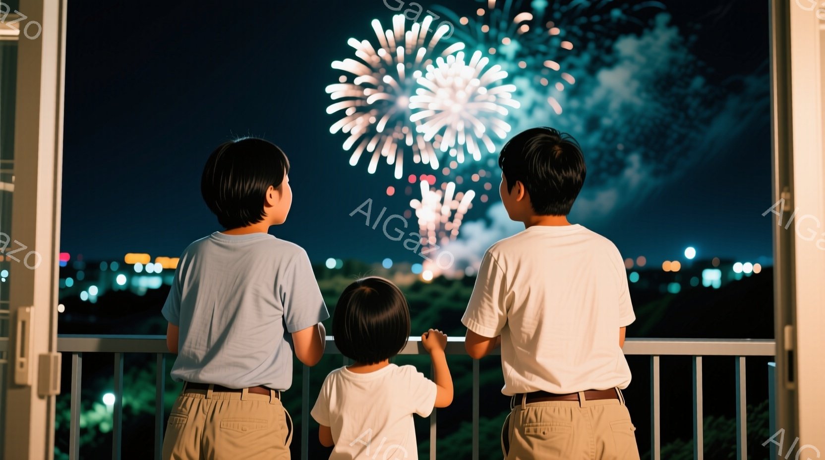 三人の子供たちがバルコニーから夜空の打ち上げ花火を見上げています。子供たちは皆、薄い色のTシャツとベージュ色のズボンを着用し、黒髪のショートヘアです。背景には夜景が広がり、遠くの建物や光がぼんやりと見え、夜空には鮮やかな花火が咲き誇っています。